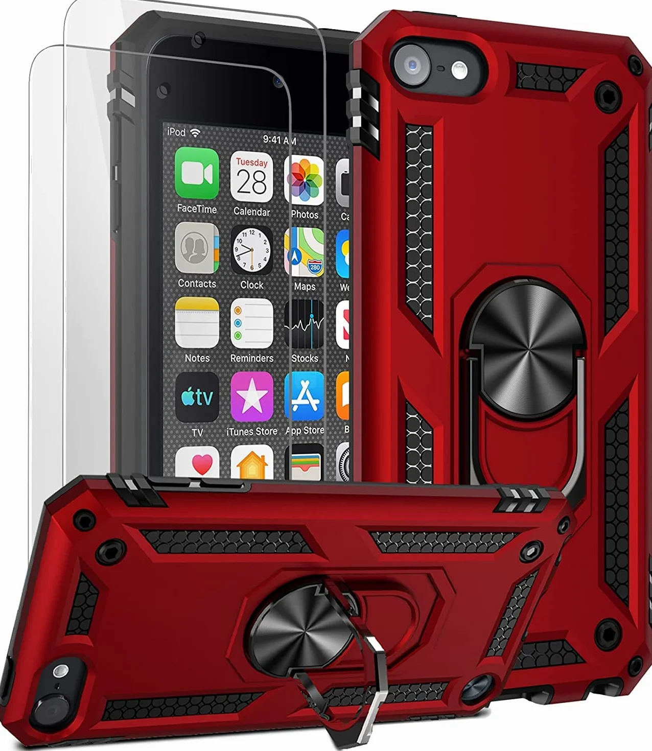ULAK Funda iPod Touch 7, iPod Touch 5/6 [Grado Militar] Soporte Carcasa con 2 películas Protectoras Híbrido Cubierta de la Suave Resistente a Rayones Caso para iPod Touch 5/6/7 - Rojo