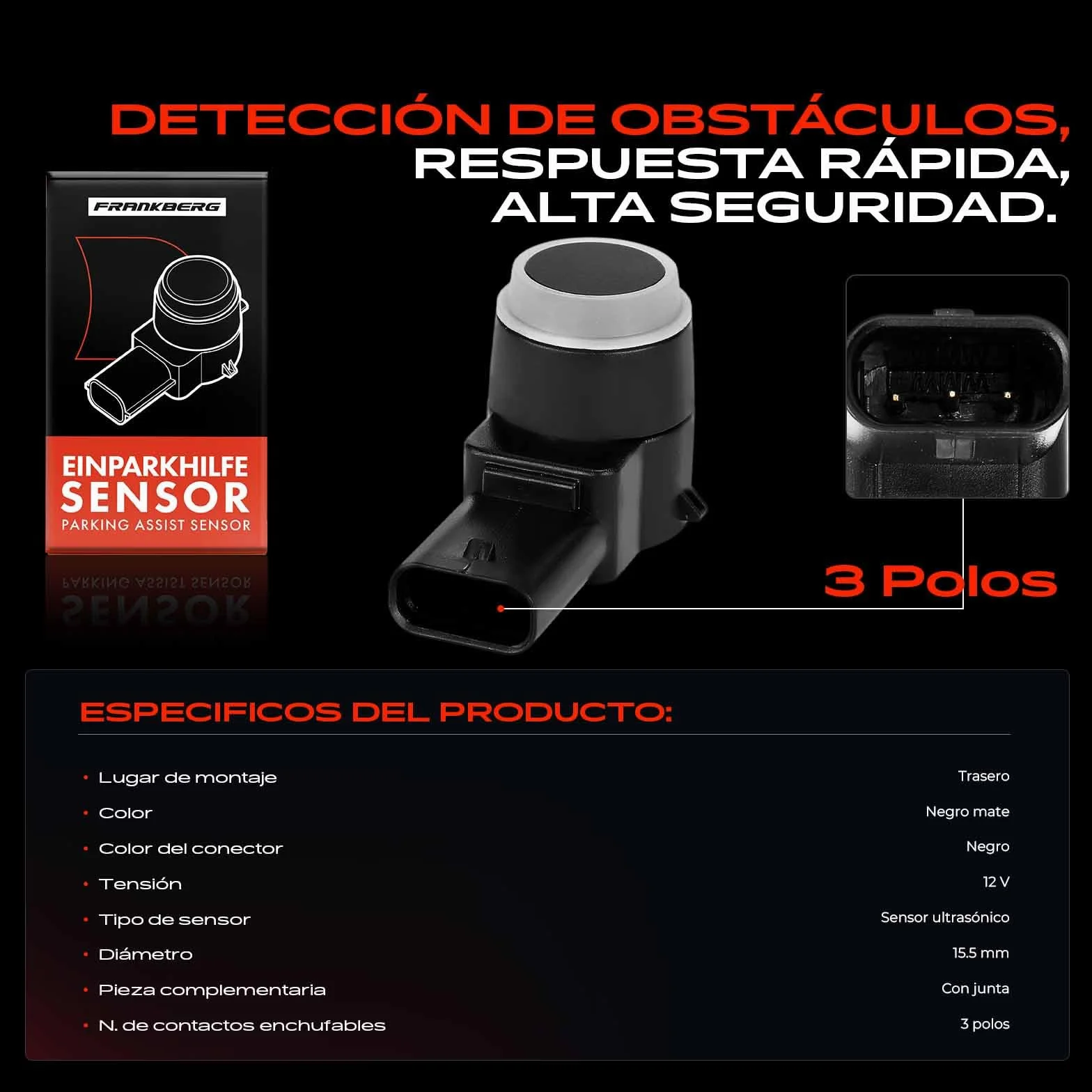 Frankberg Sensor de aparcamiento PDC Compatible con T.o.u.r.a.n 1T1 1T2 C.a.d.d.y III MPV 2CB 2CJ 2KB 2KJ E.O.S 1F7 1F8 Leon 1P1 Altea XL 5P5 5P8 Replace# 7L5919275B