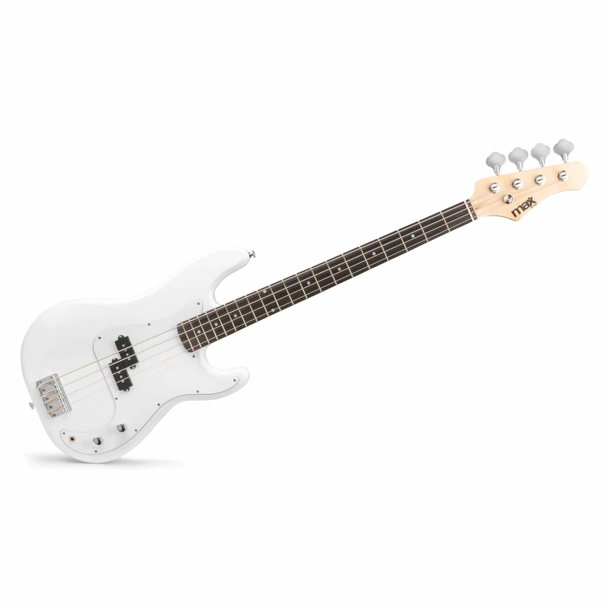 Max GigKit - Pack completo de bajo eléctrico blanco con amplificador de 40W, soporte, funda, afinador, cuerdas y cable, ideal para principiantes y práctica en casa o estudio