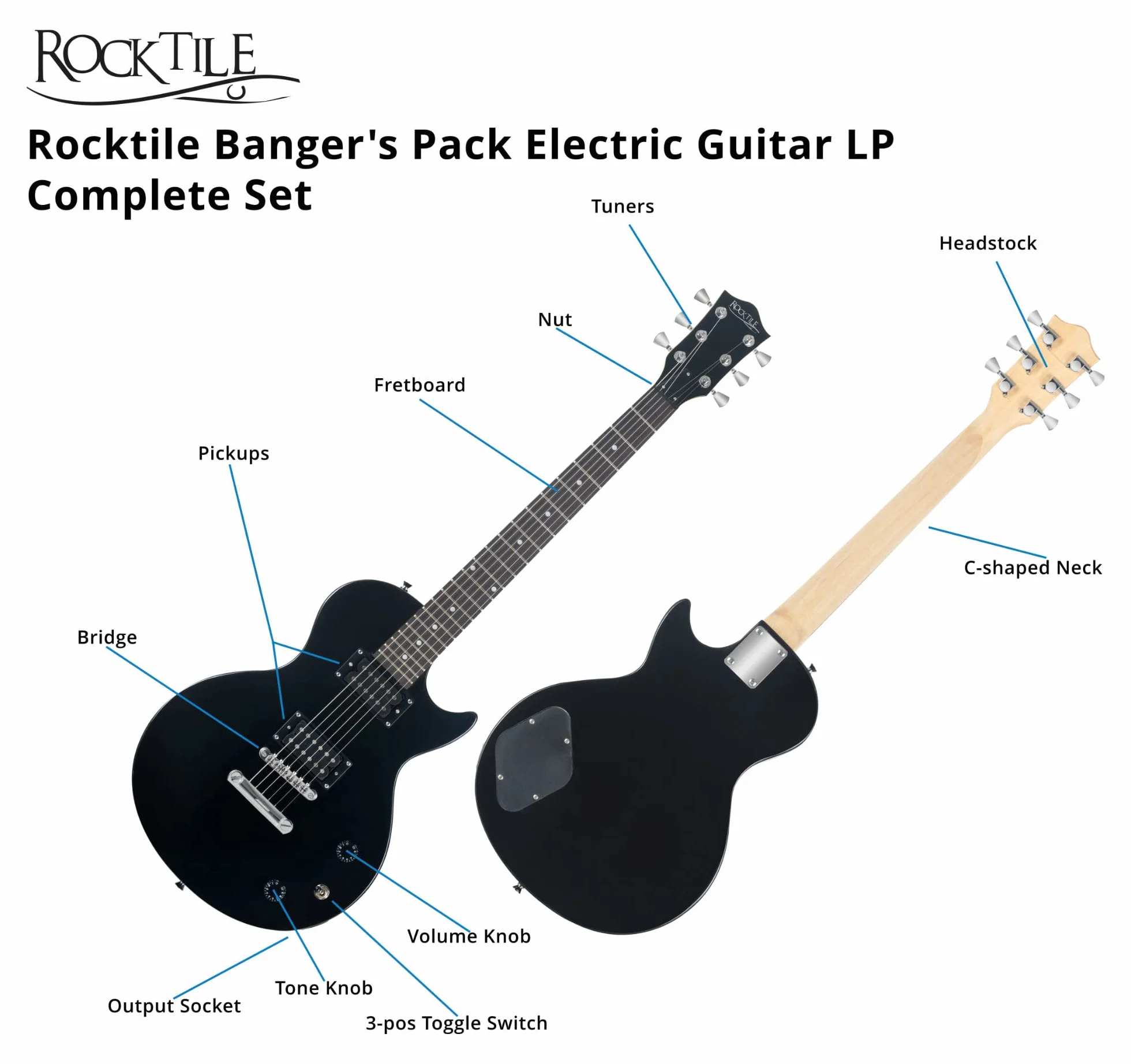 Rocktile Banger's Pack Set Completo Guitarra Eléctrica Single Cut Negro (Amplificador, Funda, Cable, Correa, Púas, Cuerdas de Repuesto y Escuela con CD/DVD)