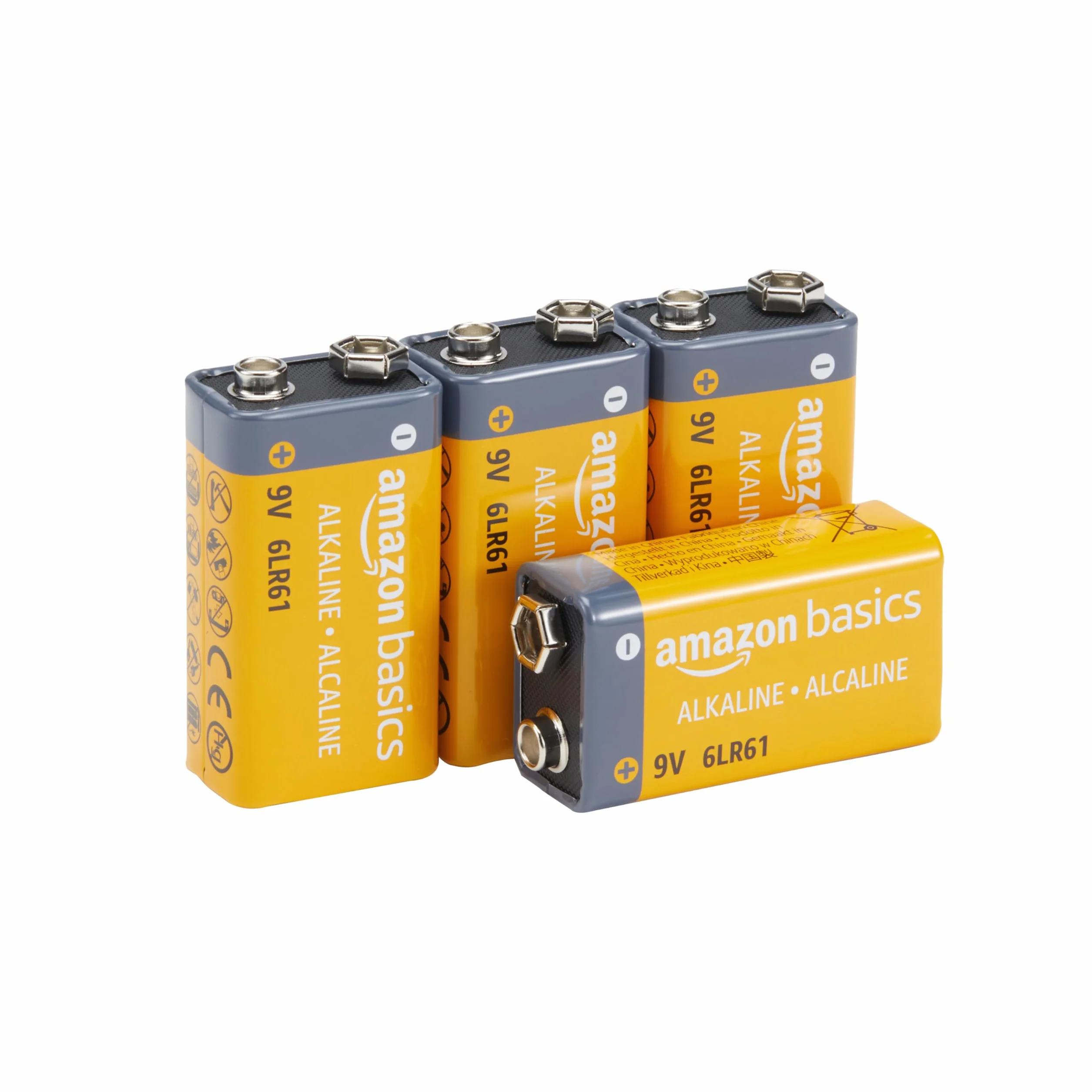 Amazon Basics - Paquete de 4 pilas alcalinas de 9 V, 9 V/6LR61, vida útil de 5 años, para detector de humo/monóxido de carbono, electrónica y audio
