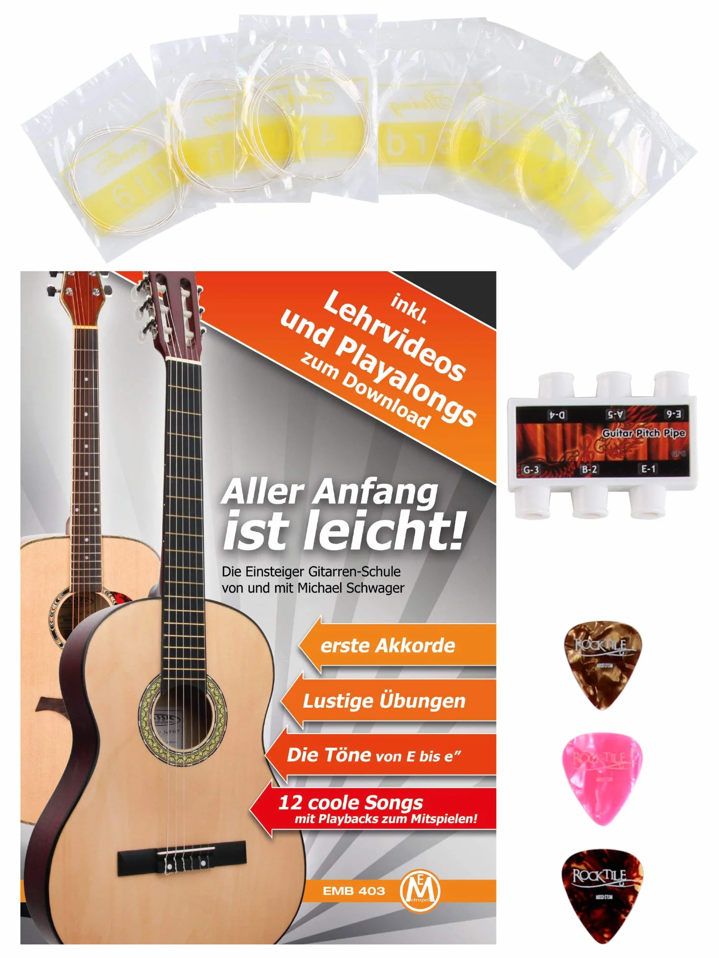 Classic Cantabile AS-851 4/4 Guitarra Clásica Conjunto Inicial (Set Completo Para Principiantes con Guitarra Clásica, Funda Gigbag, Cuerdas de Nylon, Libro/Curso, 3 Púas y Silbato Afinador)