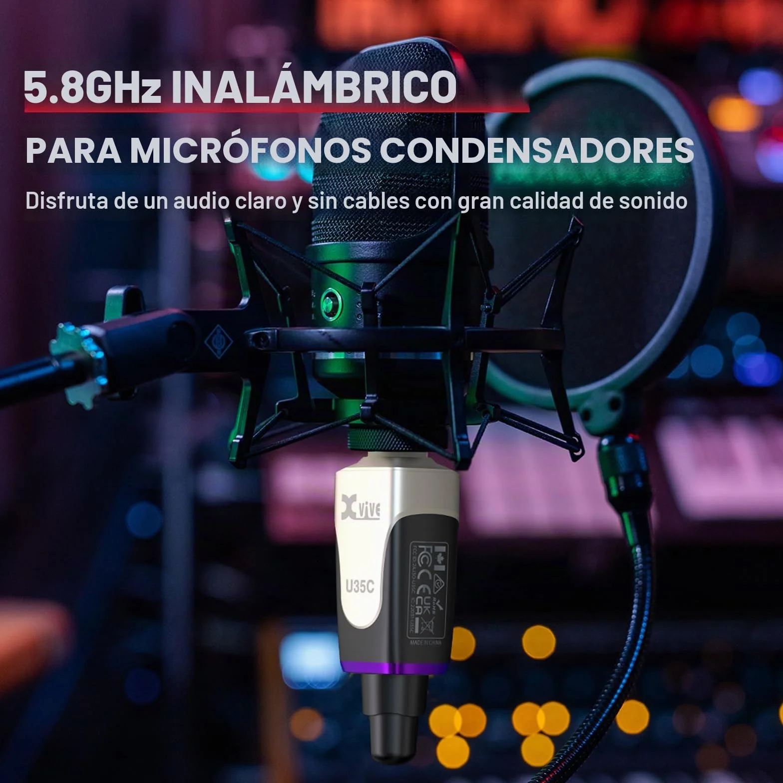 Xvive - U35C - Sistema inalámbrico enchufable para micrófono de condensador con alimentación fantasma de 48 V/12 V (5,8 GHz)