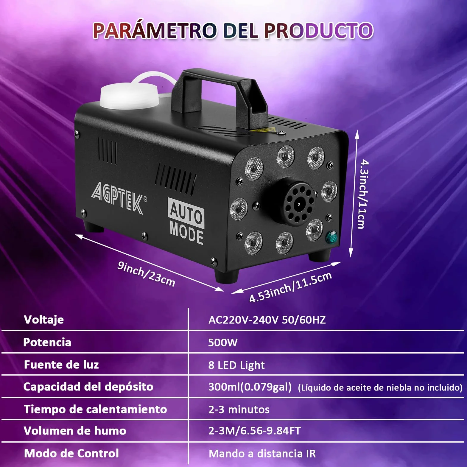 AGPTEK Máquina de humo con mando a distancia inalámbrico y 8 luces LED, estable y portátil, ideal para Halloween, Navidad, bodas, actuaciones en el escenario, etc.