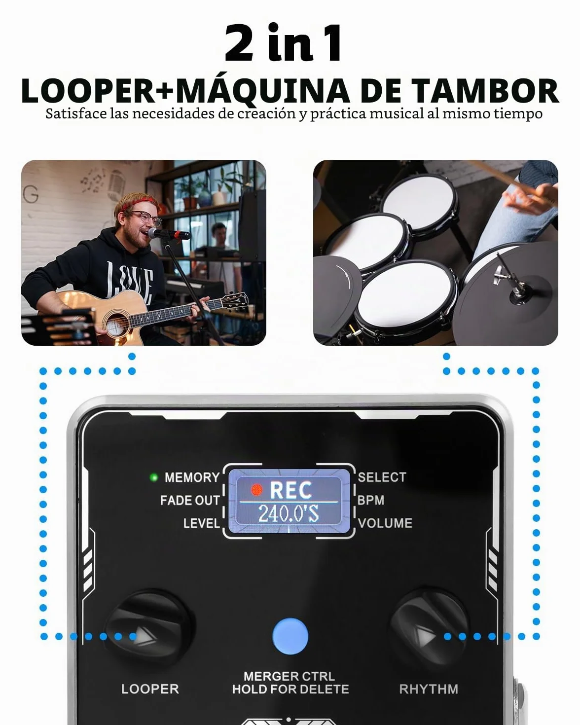 STRICH Pedal de guitarra estéreo Looper con máquina de tambor integrada, 100 patrones de batería, 160 minutos de grabación, USB para audio, soporte