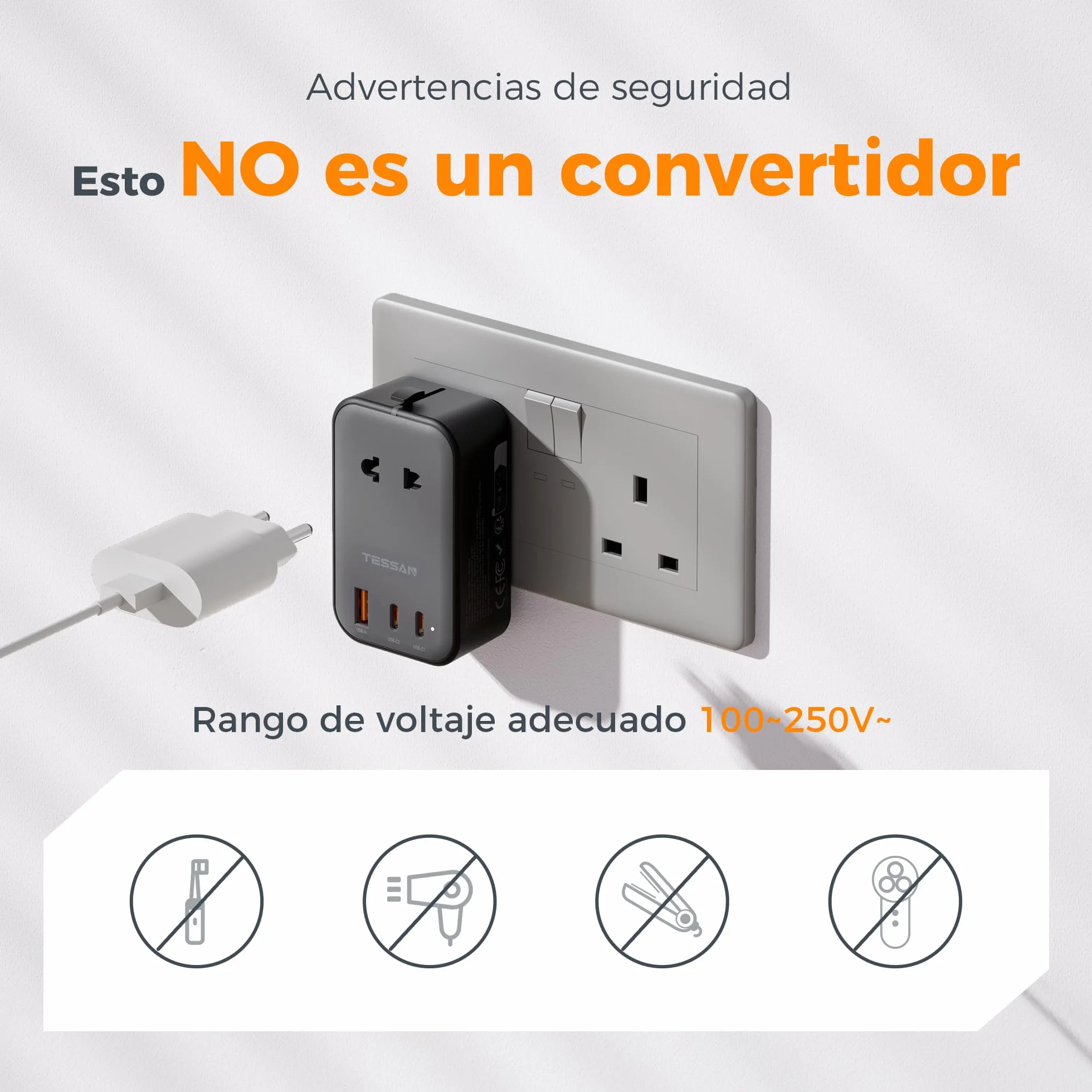 TESSAN Adaptador Enchufe Universal, Enchufe Universal Viaje Plano con 1 USB y 2 USB C, Adaptador de Viaje para USA, UK, Austuralia