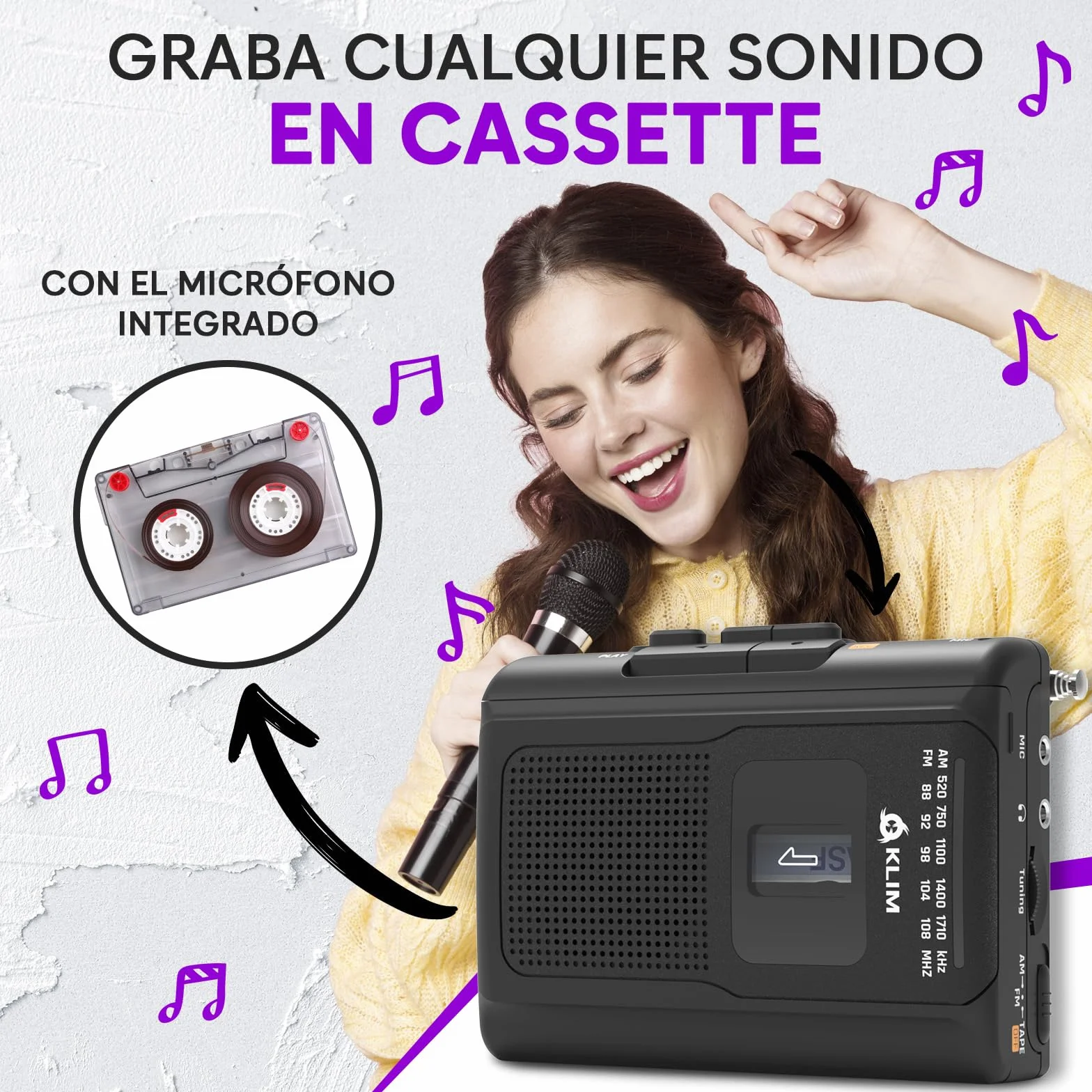 KLIM K8 Reproductor Cassette con Auriculares F1 - Cassette Player AM/FM Radio Negro