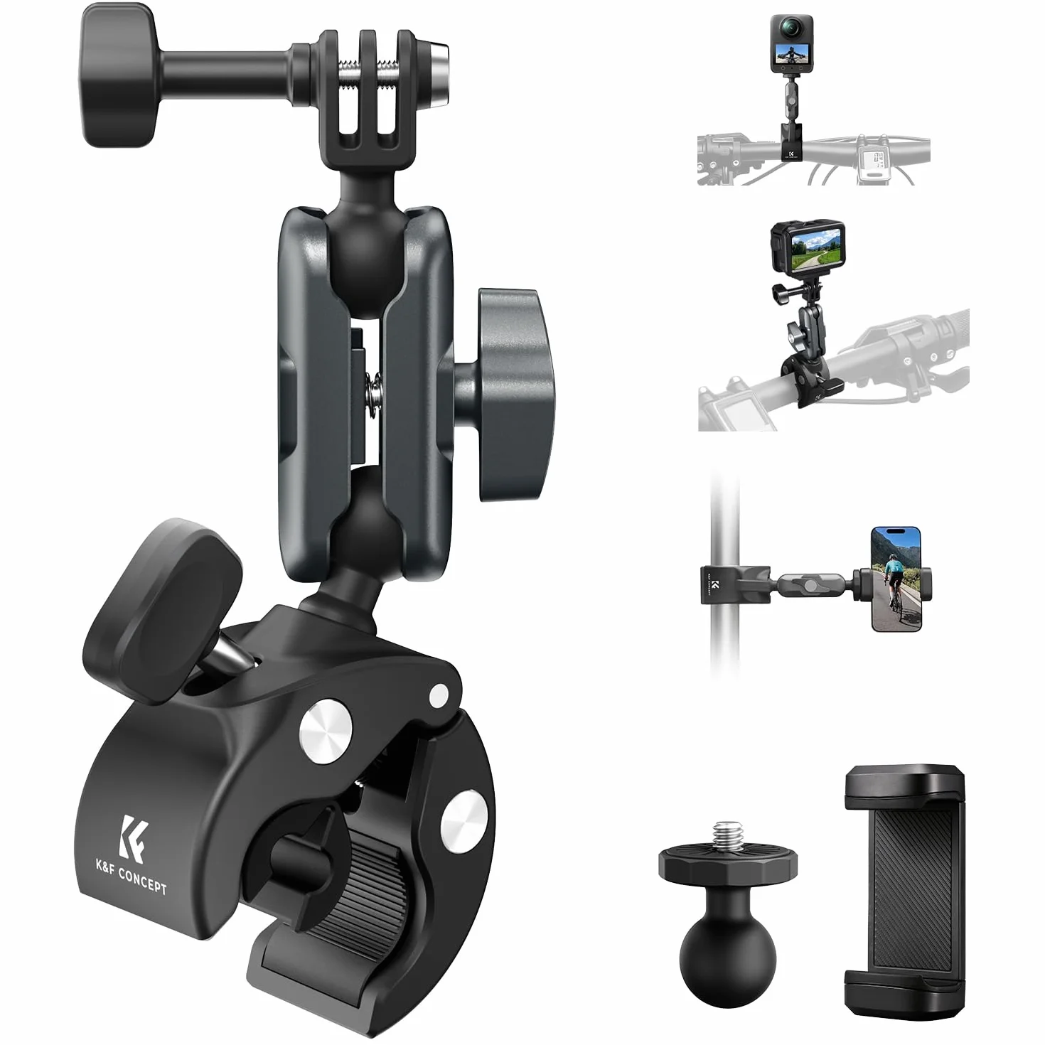 K&F CONCEPT Abrazadera para Cámara con Cabezal Doble 360° Soporte Manillar Bicicleta Motocicleta Compatible GoPro Hero 13/12 Insta360 X5/X4 Osmo Action 5 Pocket 3