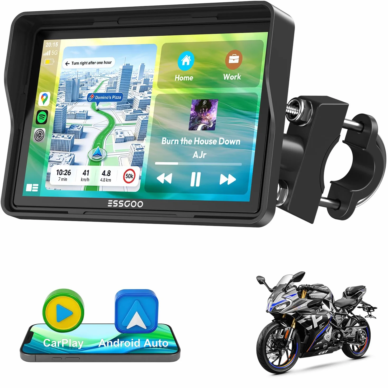 ESSGOO Carplay Moto 5 Pulgadas Pantalla Táctil, Android Auto GPS Navegador, Inalámbrico, IP67, Dual Bluetooth