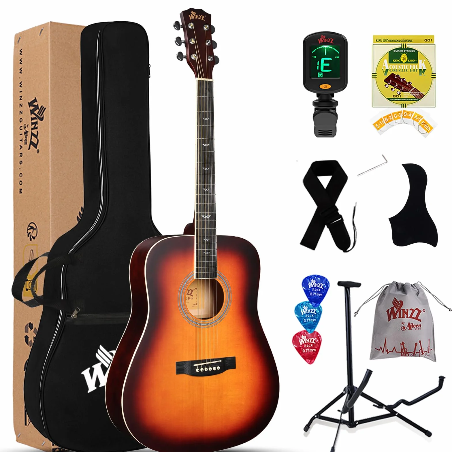 Winzz Guitarra Folk Acústica 4/4 Adulto Sunburst Para Principiantes, Incluye Funda, Afinador, Correa, Púas, Juego Extra de Cuerdas Y Soporte Para Guitarra