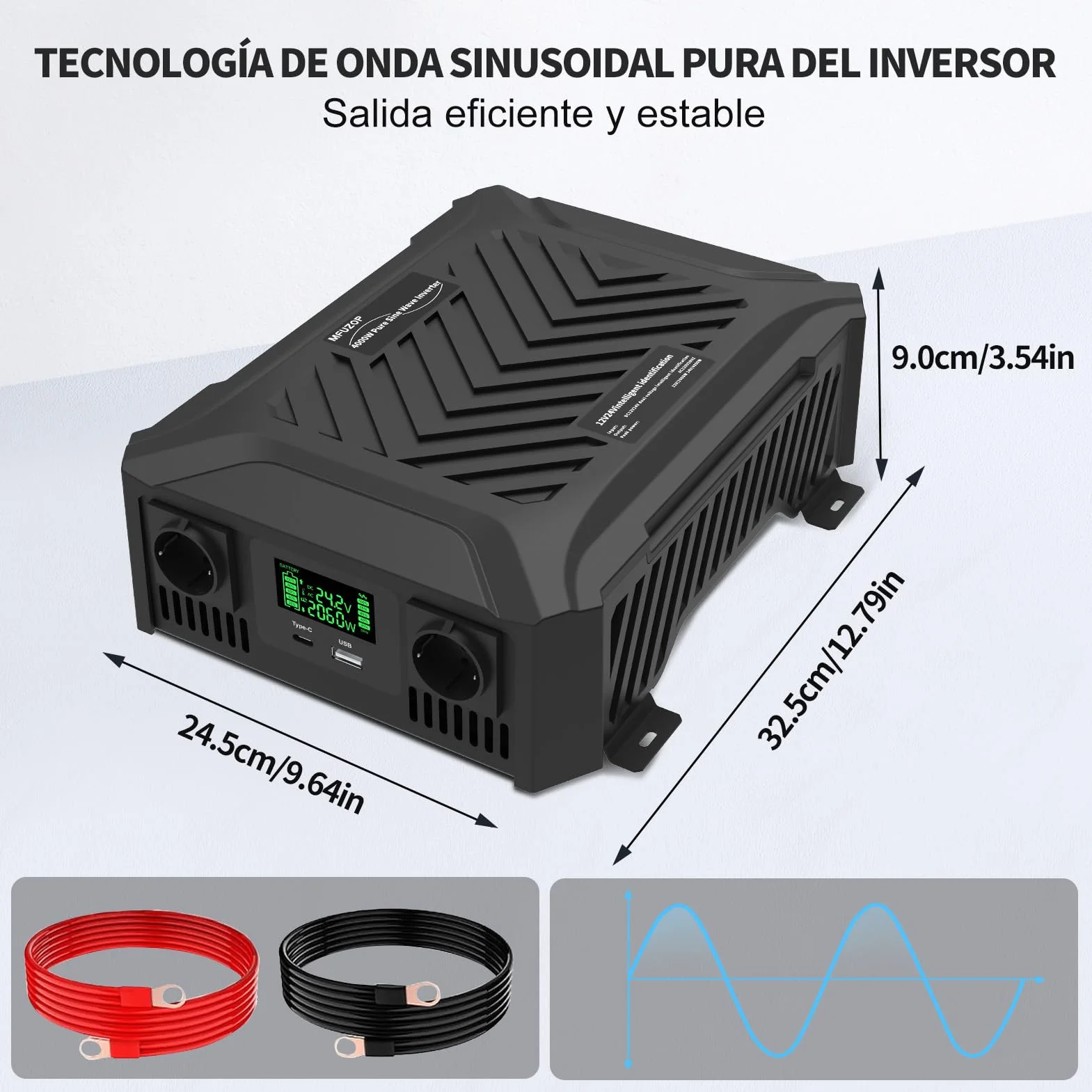 Inversor 24V 220V/230V Onda Pura 2300W, Convertidor 24V 220V 2300W con Pantalla LCD, 2 Tomas AC, 1 USB-A y 1 USB-C, para Autocaravana, Camión, Transformador Fuera de Red