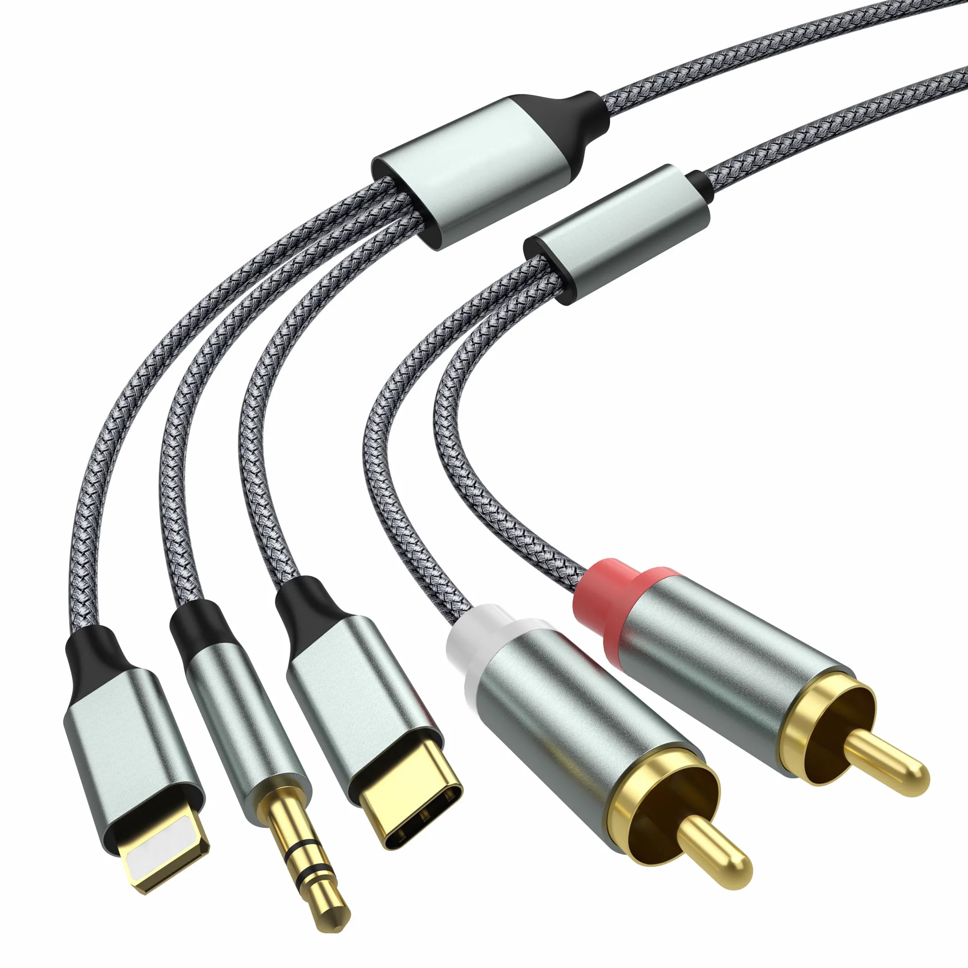 Cable Cinch para iPhone, Cable Jack a 2RCA，Cable USB C a 2RCA(3 en 1 cable RCA) para teléfono Tablet PC Reproductor de MP3, Pod, Amplificador, Altavoz Compatible con Lightning
