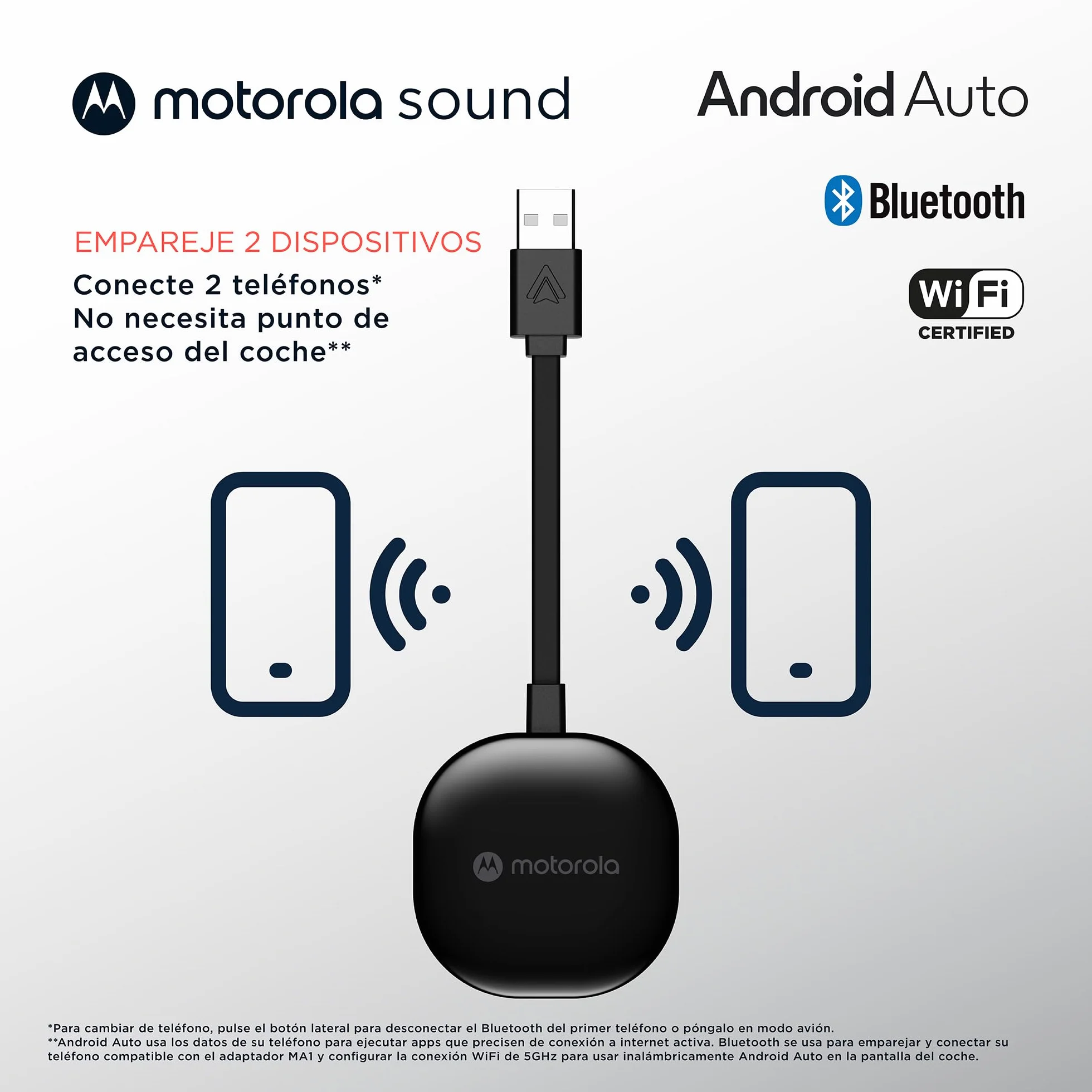 Motorola Sound MA1 - el único Google Autorizado Inalámbrico Android Auto Coche - Conexión instantánea Desde el teléfono Inteligente a la Pantalla del automóvil con configuración fácil