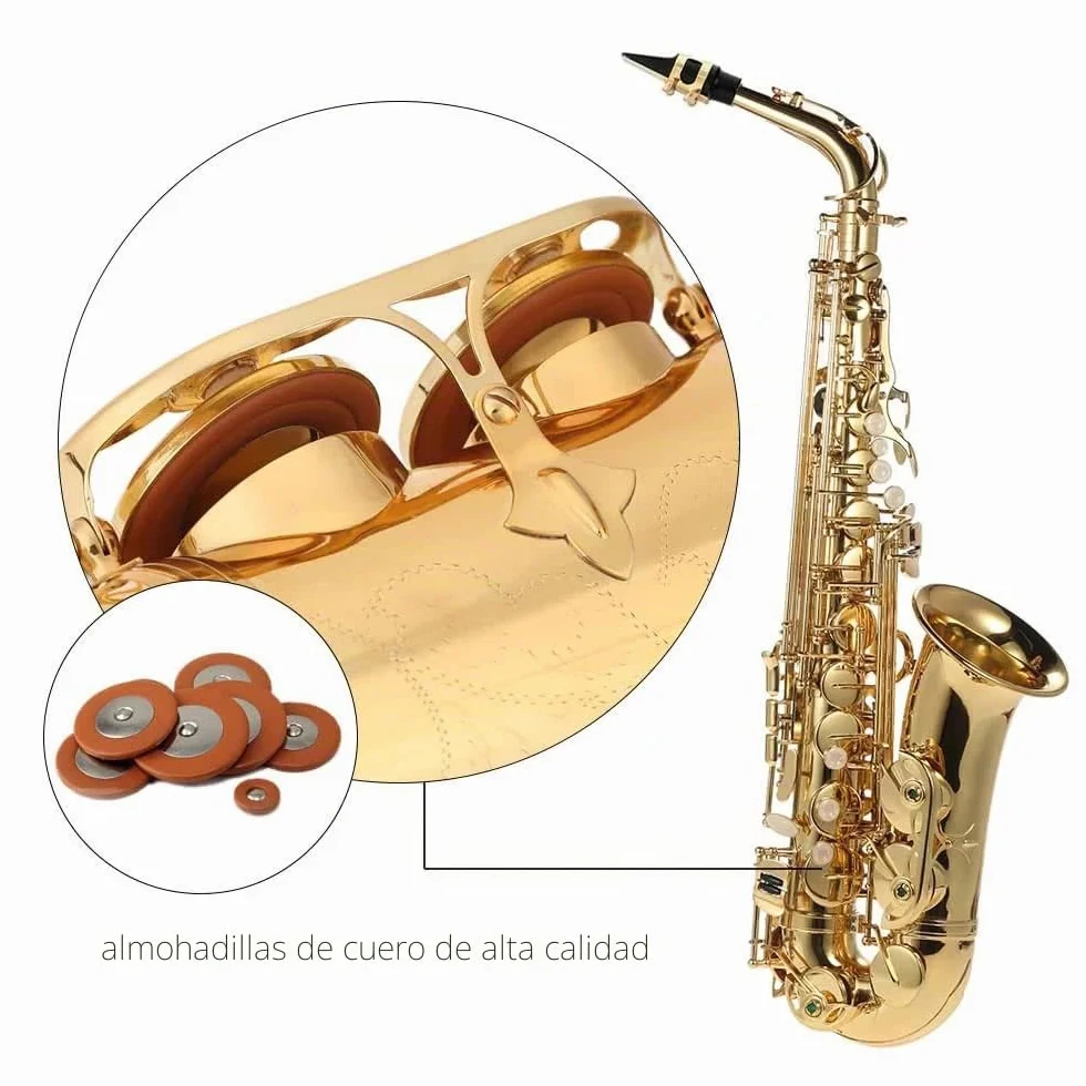 Saxofón alto Saxofón alto Mib Latón lacado oro Saxofón plano en mi 802 Tipo de llave Herramienta de viento con cepillo de limpieza Guantes de tela Funda acolchada con cintu