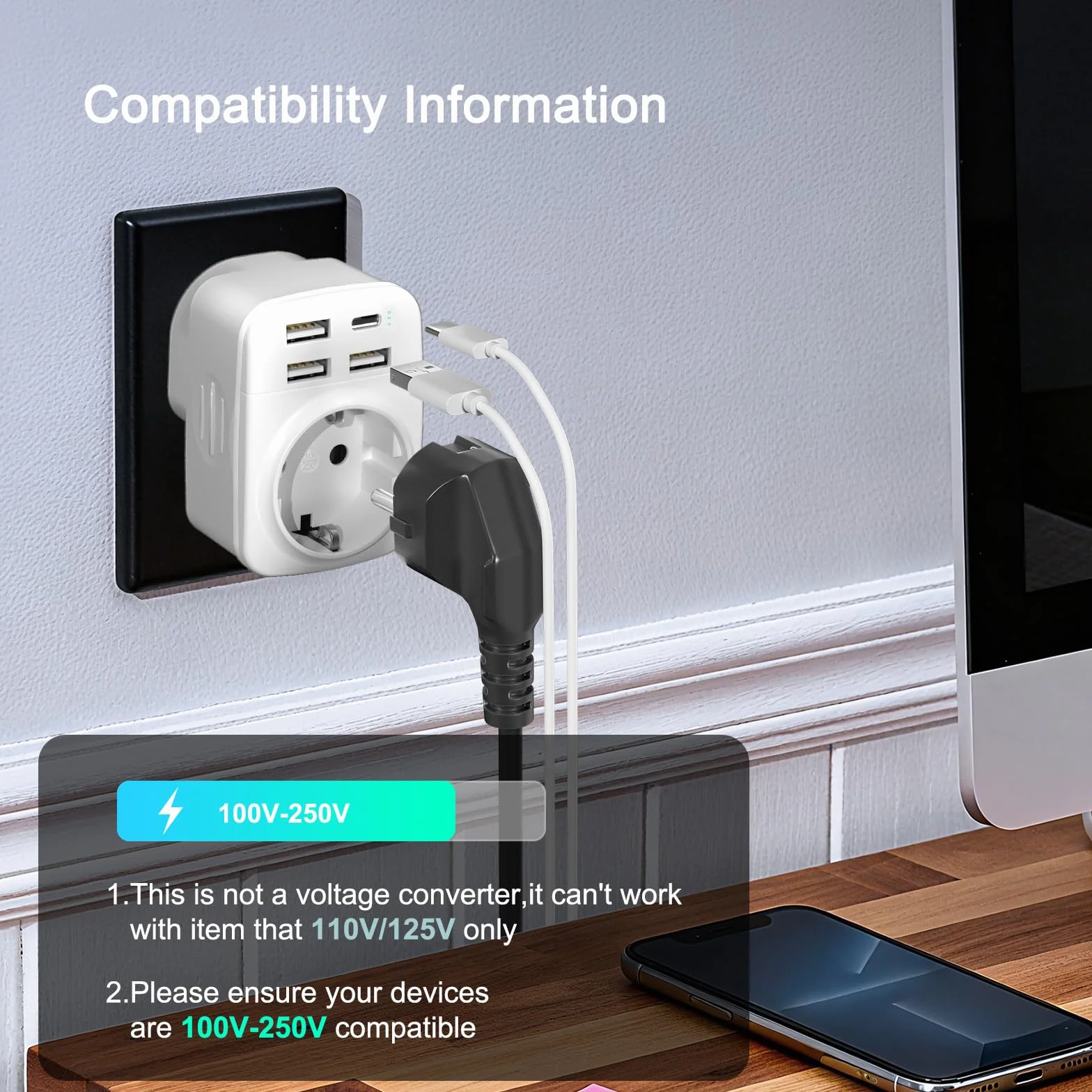 Hoppac 5 en 1 Adaptador Enchufe UK Tipo G con 3 USB A y 1 USB C para Viajes