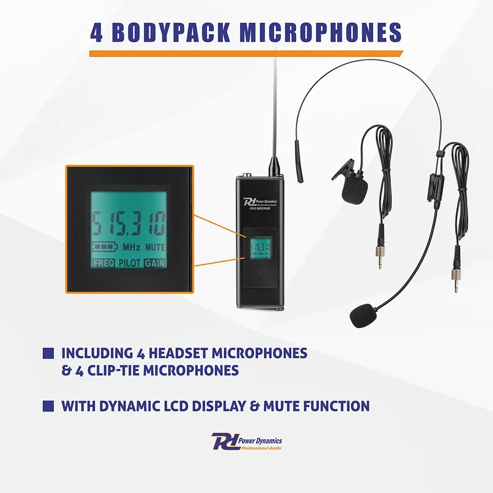 Power Dynamics PD524B Sistema de micrófono inalámbrico UHF con 4X Bodypacks, Micro de Solapa inalámbrico, Micro de Diadema inalámbrico, Recargable por USB, transmisión Infrarrojos, Ideal para Eventos