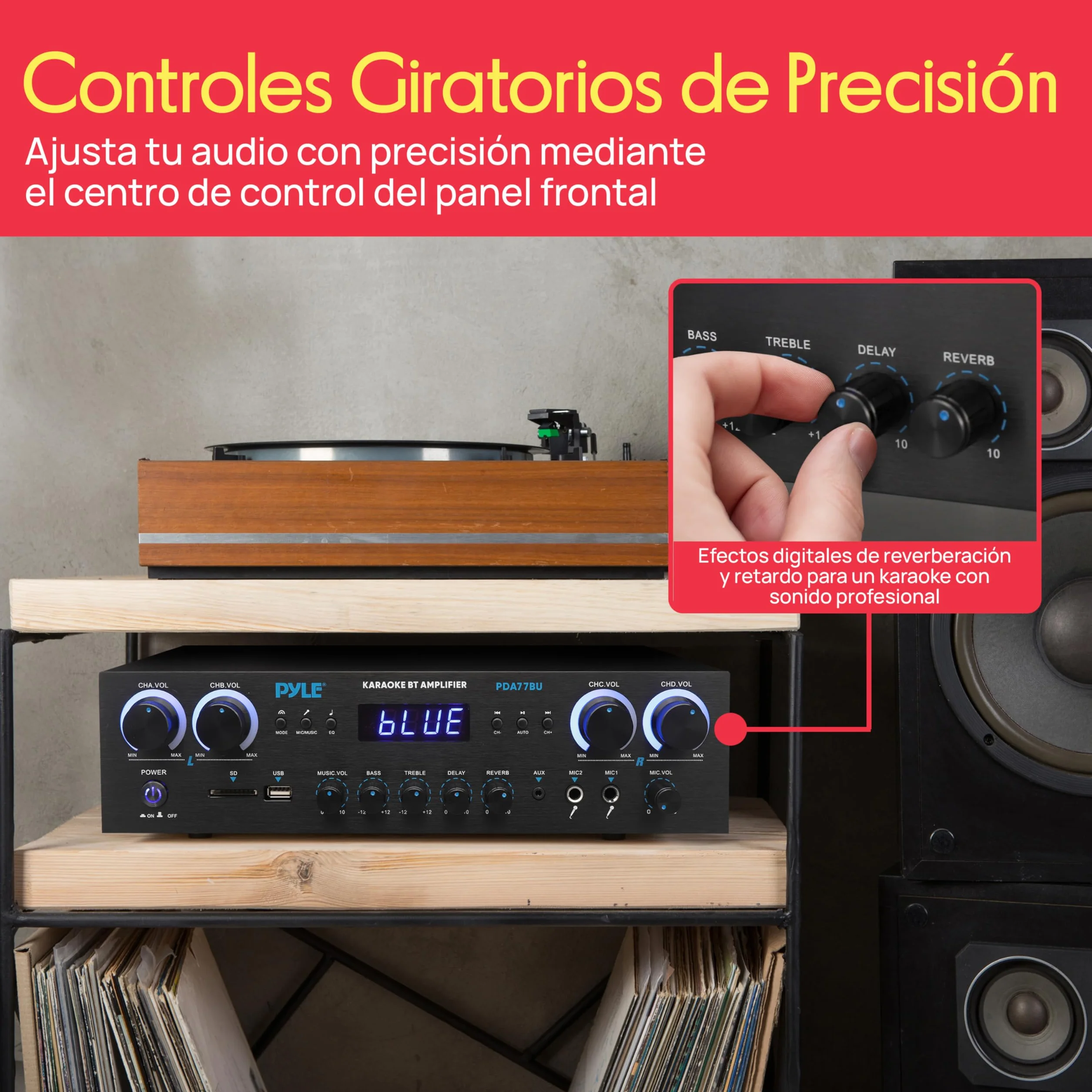 Pyle Amplificador de Sonido, Cine en casa, 800W, Bluetooth, Estereo, para el hogar, 4 Canales, con MP3/USB/SD/AUX/RCA/FM, Microfono, Auriculares, Volumen LED