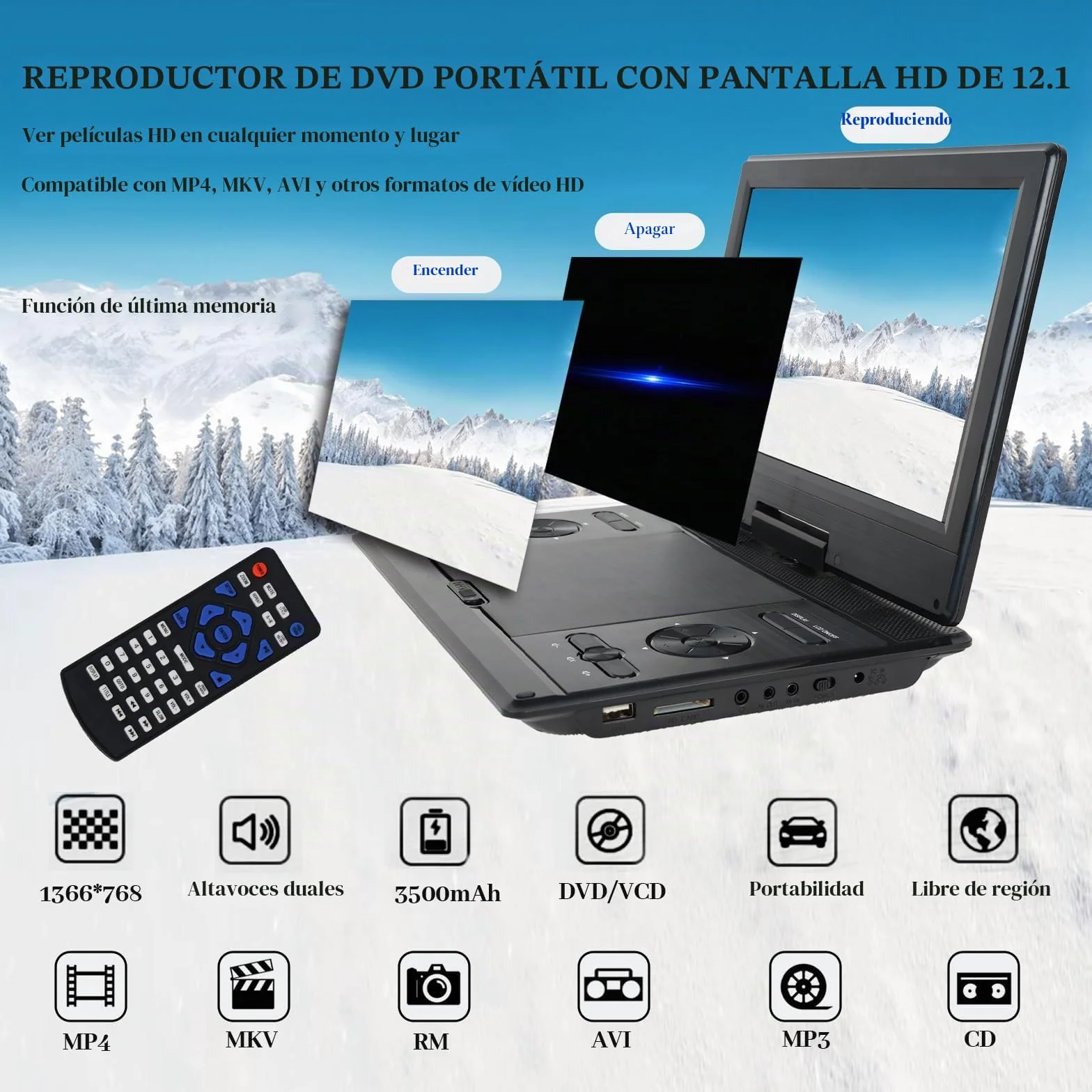 Reproductor de DVD portátil YOOHOO con pantalla HD, batería recargable, soporte USB/SD/AV, sincronización TV/proyector