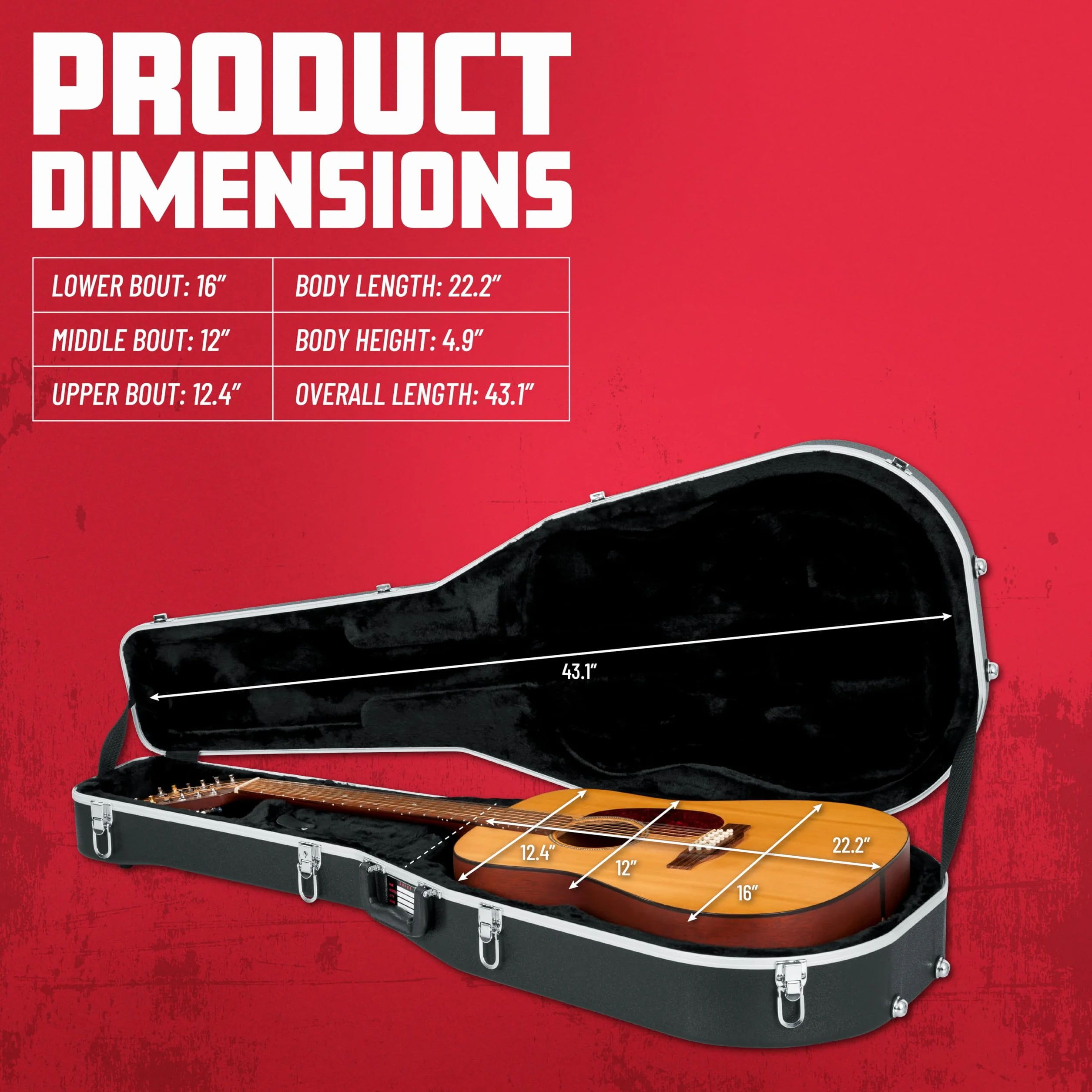Gator Cases Estuche Deluxe ABS Moldeado para Guitarras Acústicas de 12 Cuerdas; Se Adapta a Guitarras Acústicas de 12 Cuerdas Estilo Dreadnought (GC-DREAD-12)