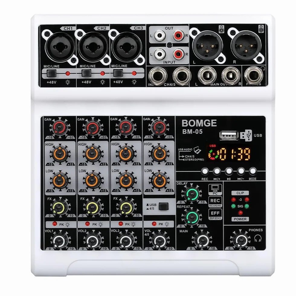BOMGE Mezclador de audio, consola de mezcla de placa de sonido con 5 canales digitales USB Bluetooth Echo Delay Effect, mezcladores de DJ estéreo con 48V Phantom Power para grabación, transmisión en