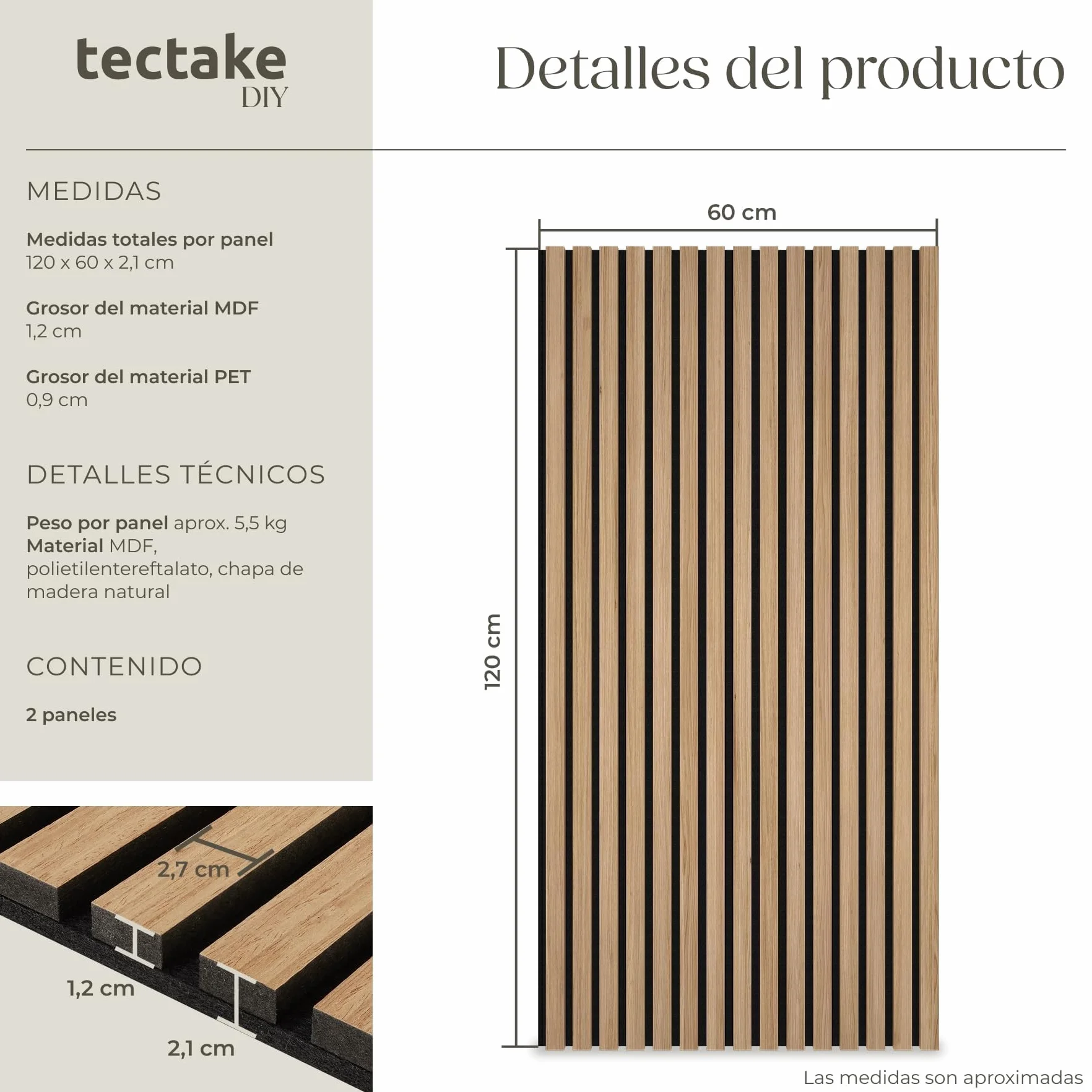 tectake® Paneles de Pared Decorativos MDF, Chapa de Madera Real, Excelente Acústica, Tejido de Fieltro y Madera, Insonorización Acústica Pared - 60 x 120 x 2,1 cm 2 Paneles Roble