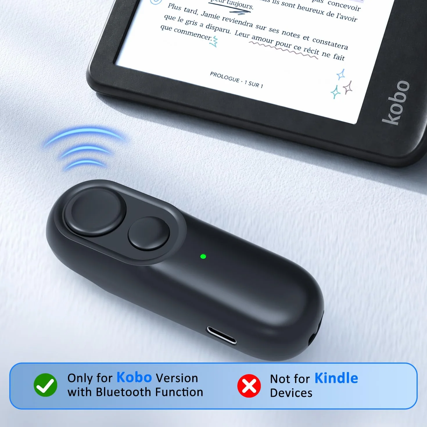 Pasapáginas Bluetooth Negro Mando a Distancia para Kobo Clara 2E/BW/Colour Libra 2/Colour Sage