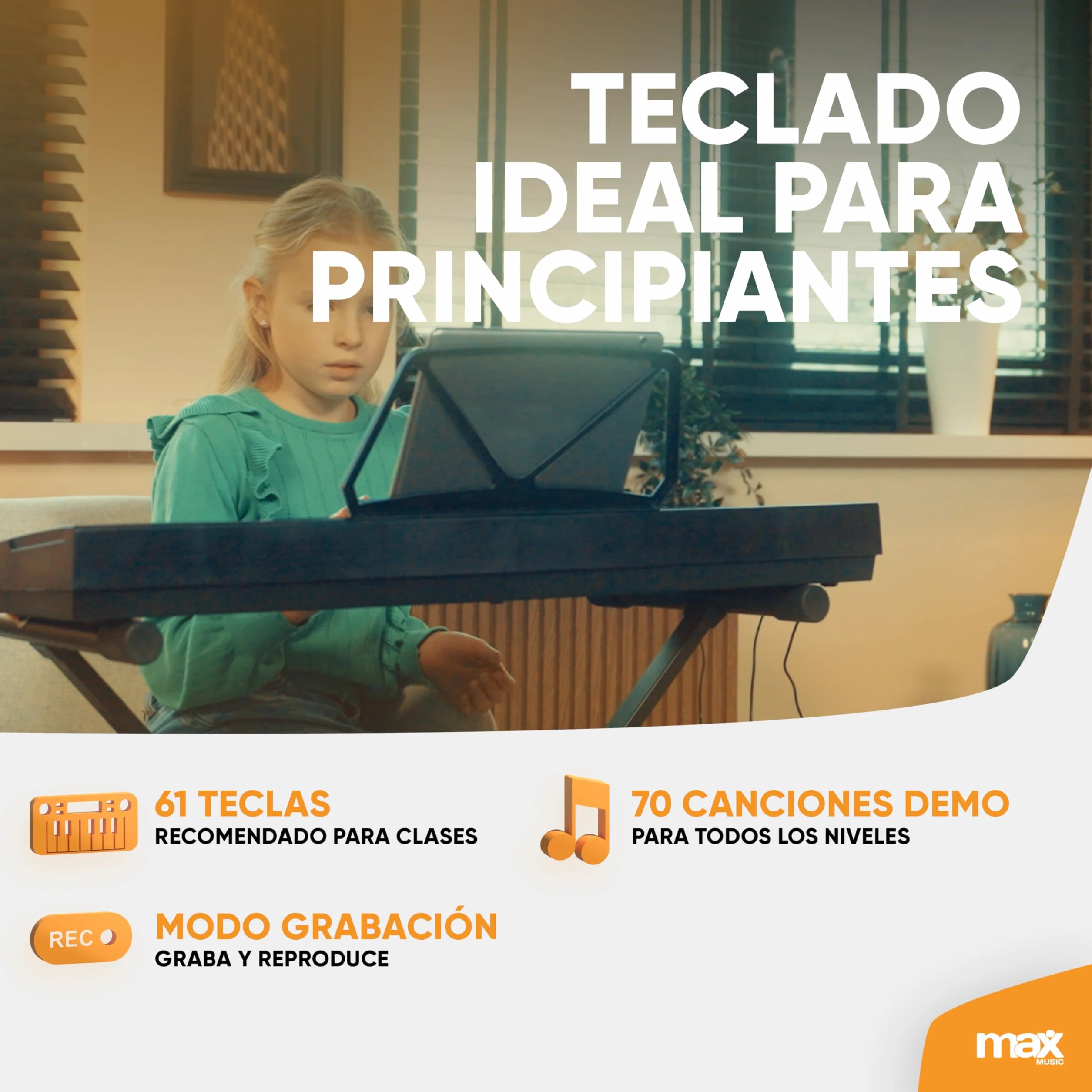 MAX KB15 - Teclado piano con 61 teclas, con micrófono, soporte para teclado y auriculares, autonomía de 8 h, pantalla LCD, 70 canciones, ideal para principiantes, 26 sonidos, 8 percusiones, USB-C