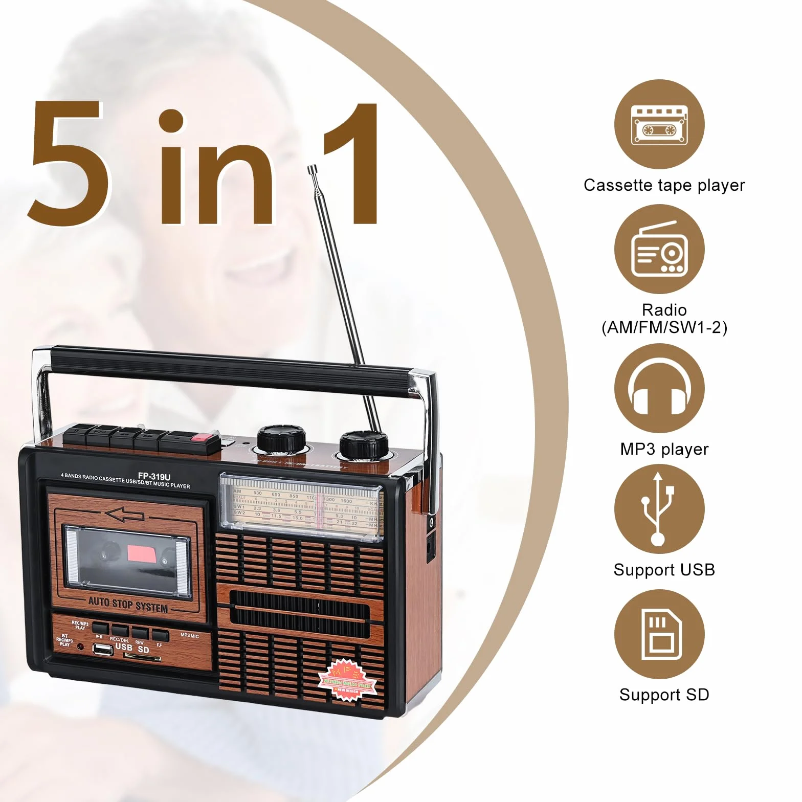 Lychee Boombox Grabador Reproductor Cassette Retro Portátil Radio AM/FM/SW1-2 Cuatro Bandas SD USB Marrón