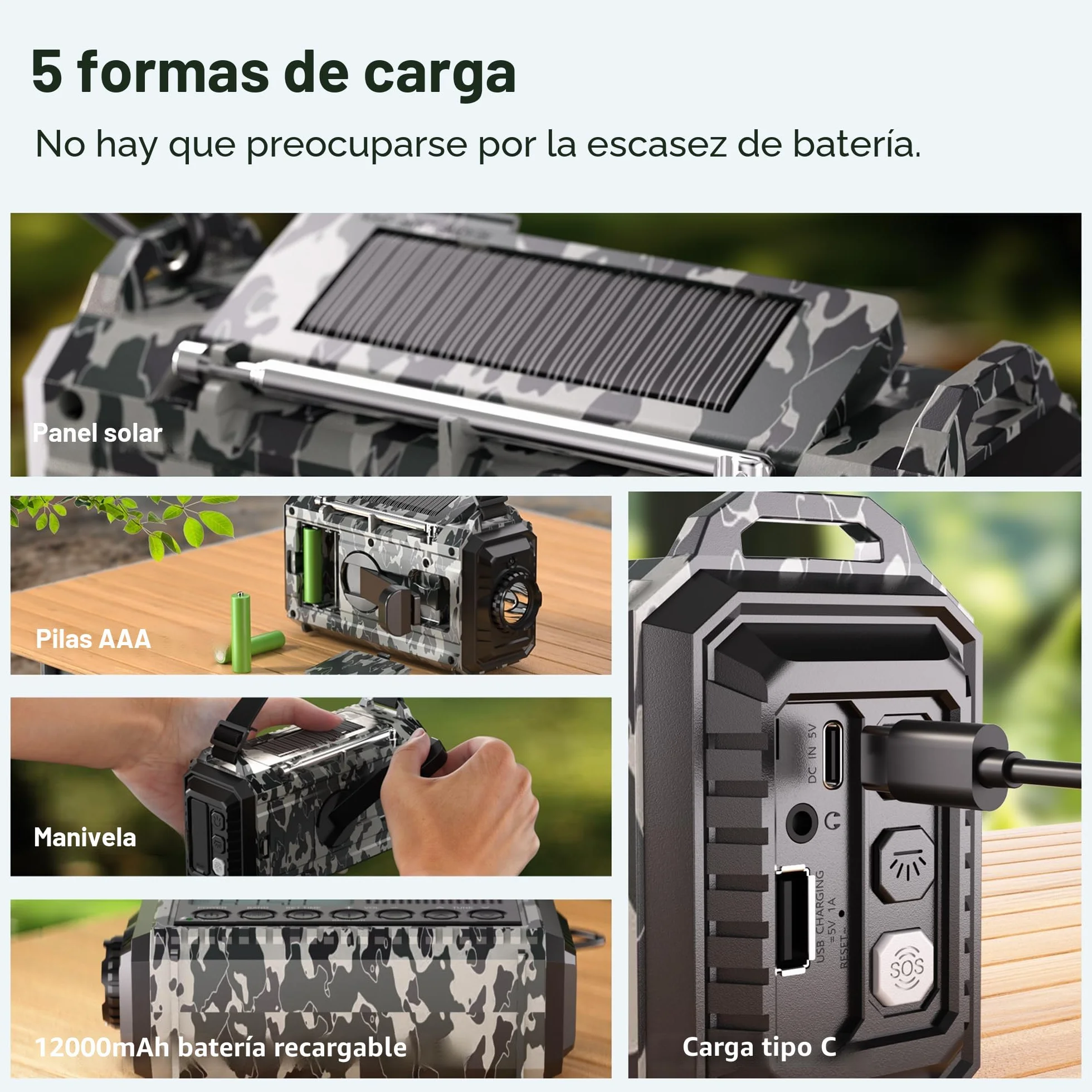 Mesqool Radio de Manivela 12000 mAh Recargable Portátil AM/FM/SW Linterna Lectura Emergencia Tipo C
