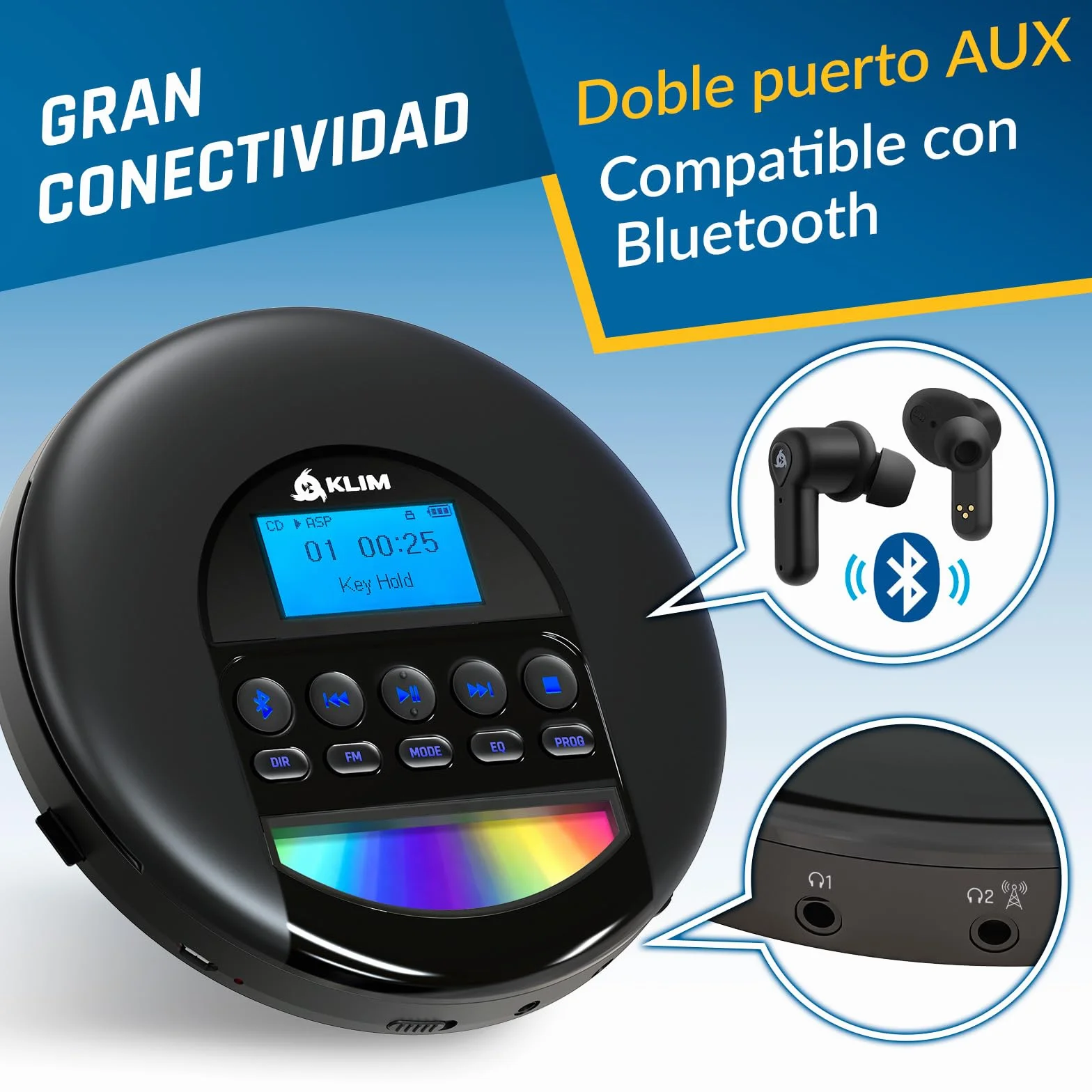 KLIM Nomad Reproductor CD Portátil con Batería Interna Larga Duración y Auriculares Fusion - 16GB TF Card - CD Player Mini Compacto - Radio FM Compatible CDR CDRW MP3 - Negro