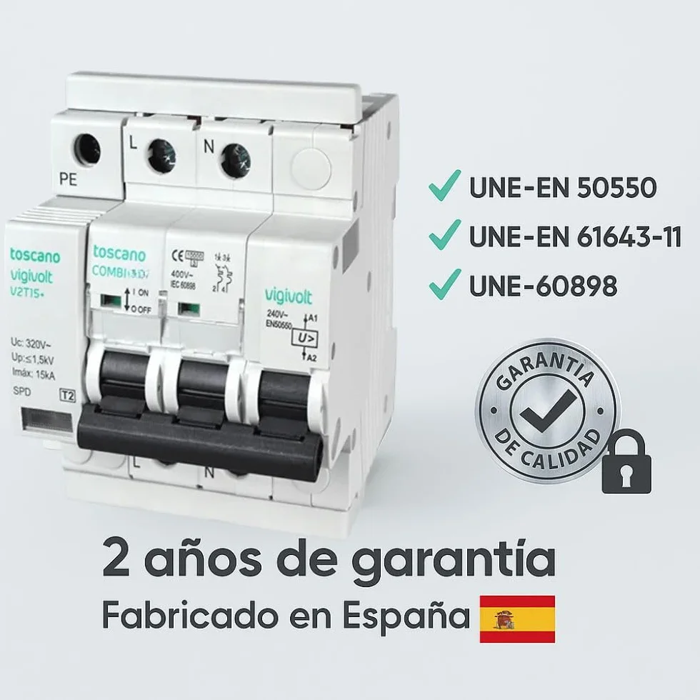 Rasmacor | Tóscano Protector Sobretensiones Transitorias y Permanentes 2P 32A COMBI-2P32T15 Toscano | No instalar en líneas sin neutro 240V | IGA 10kA | Imax 15kA | Montaje en Rail DIN