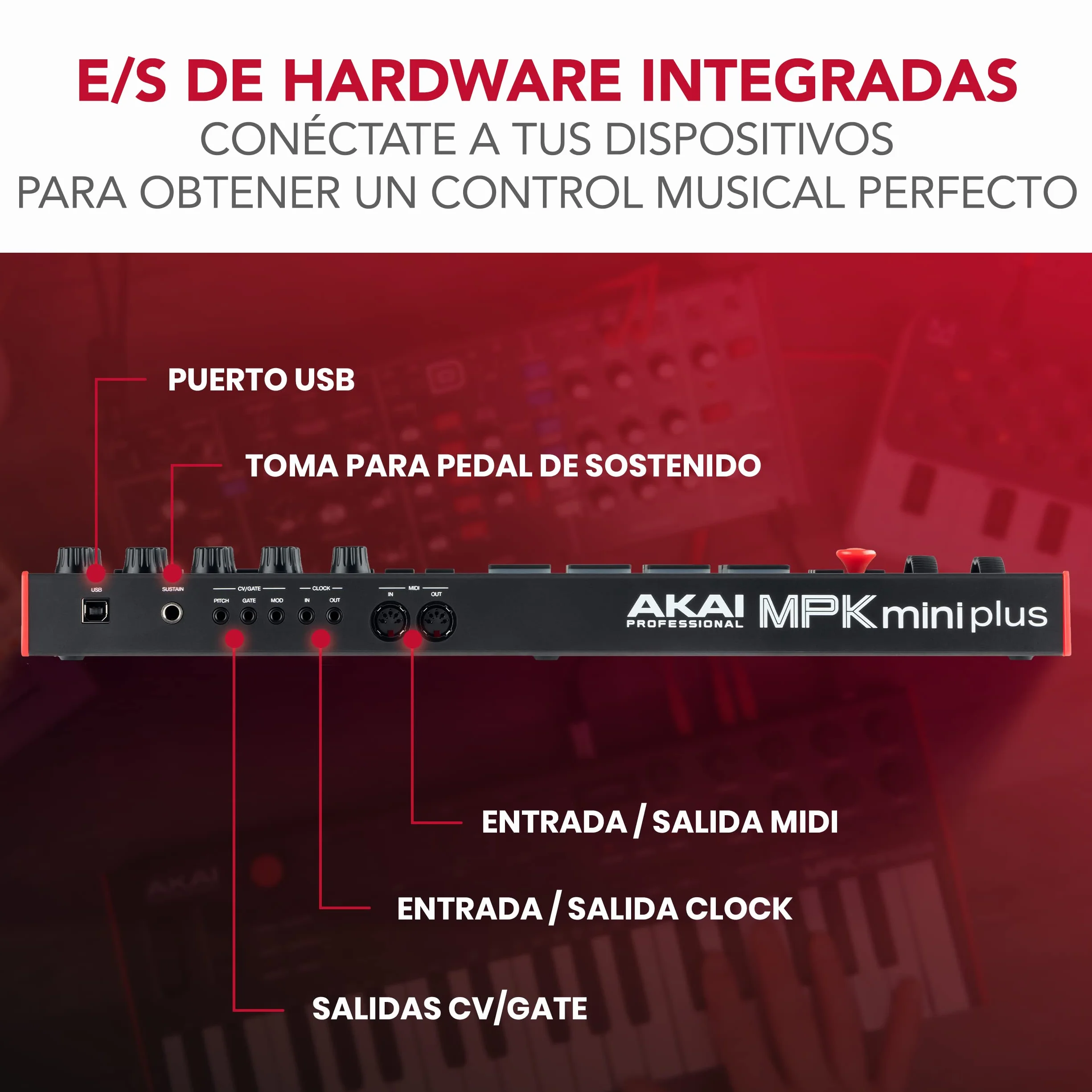 Akai Professional MPK Mini Plus - Teclado Controlador MIDI USB de 37 Mini Teclas con 8 Pads MPC, Secuenciador, MIDI/CV/Gate I/O, Software de Producción y Native Instruments Sound Package