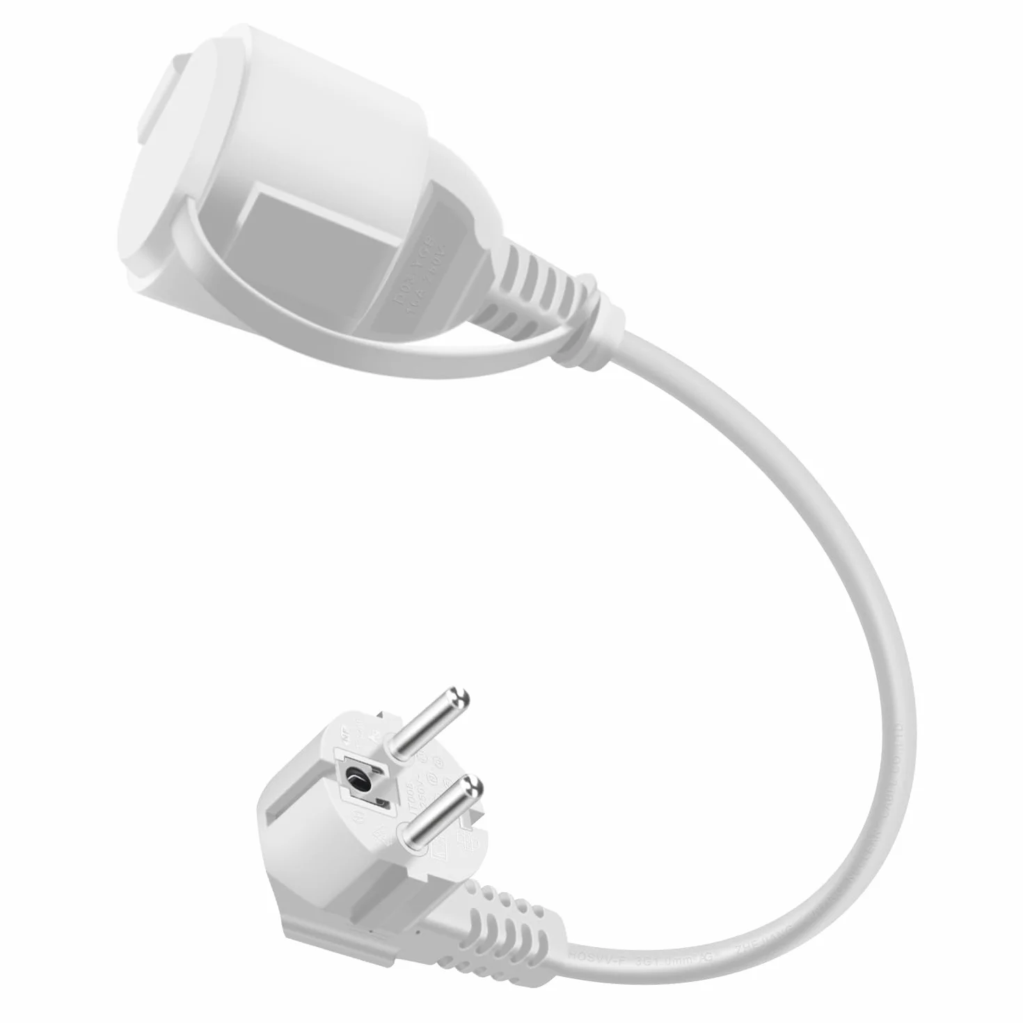 Cable Extensión Schuko 90 Grados 16A 250V IP44 Alargador Macho Hembra 0.5m Blanco