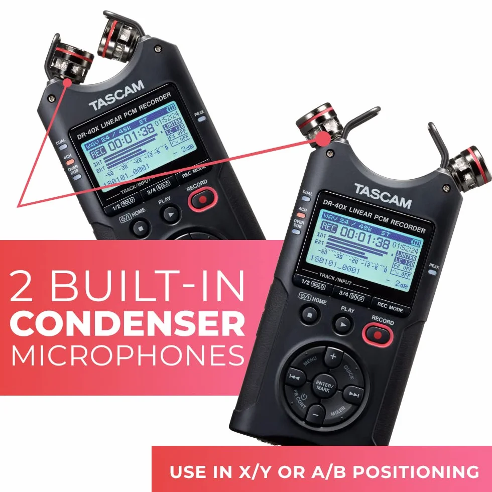 TASCAM DR-40X - Grabadora portátil de campo de 4 pistas, 2 entradas XLR/TRS, interfaz de audio USB, micrófonos ajustables dobles para grabación estéreo/multipista de música, audio para video y