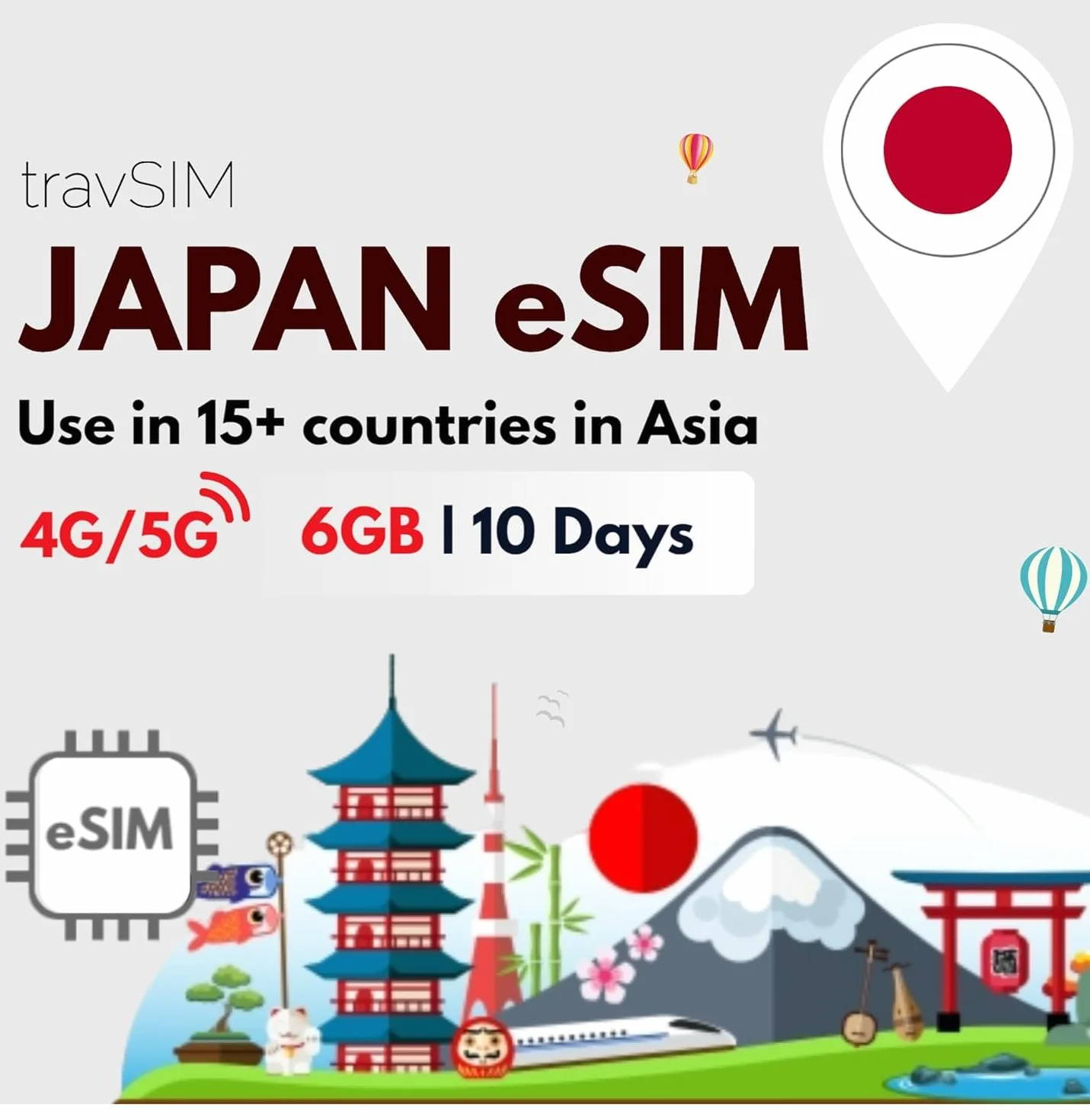 travSIM Japan SIM Card 6GB Mobile Data Roaming Asia Plan 10 Días