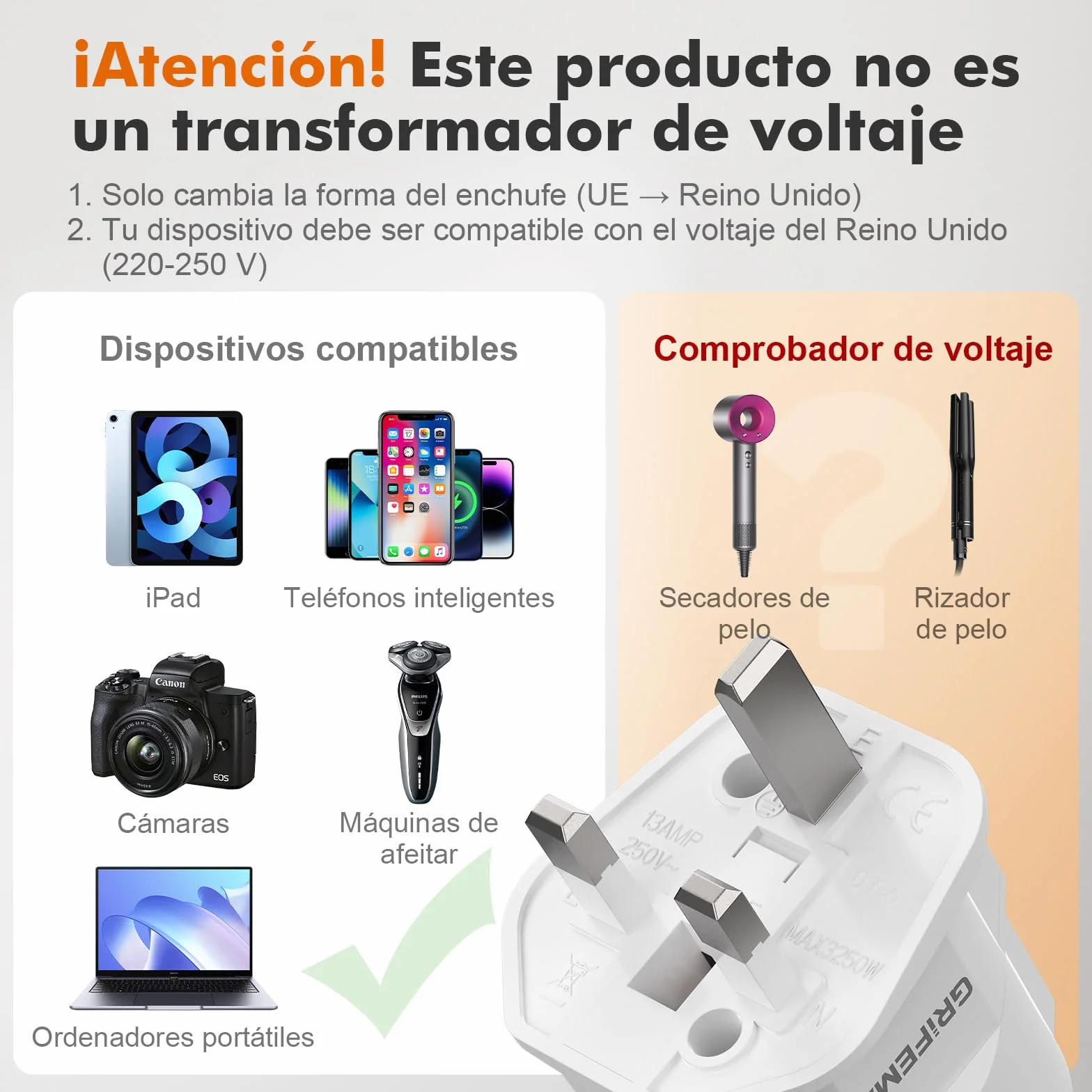 GRIFEMA Adaptador Enchufe UK Tipo G 13A, Convertidor Europeo 2 Pin a UK 3 Pin, Pack de 2