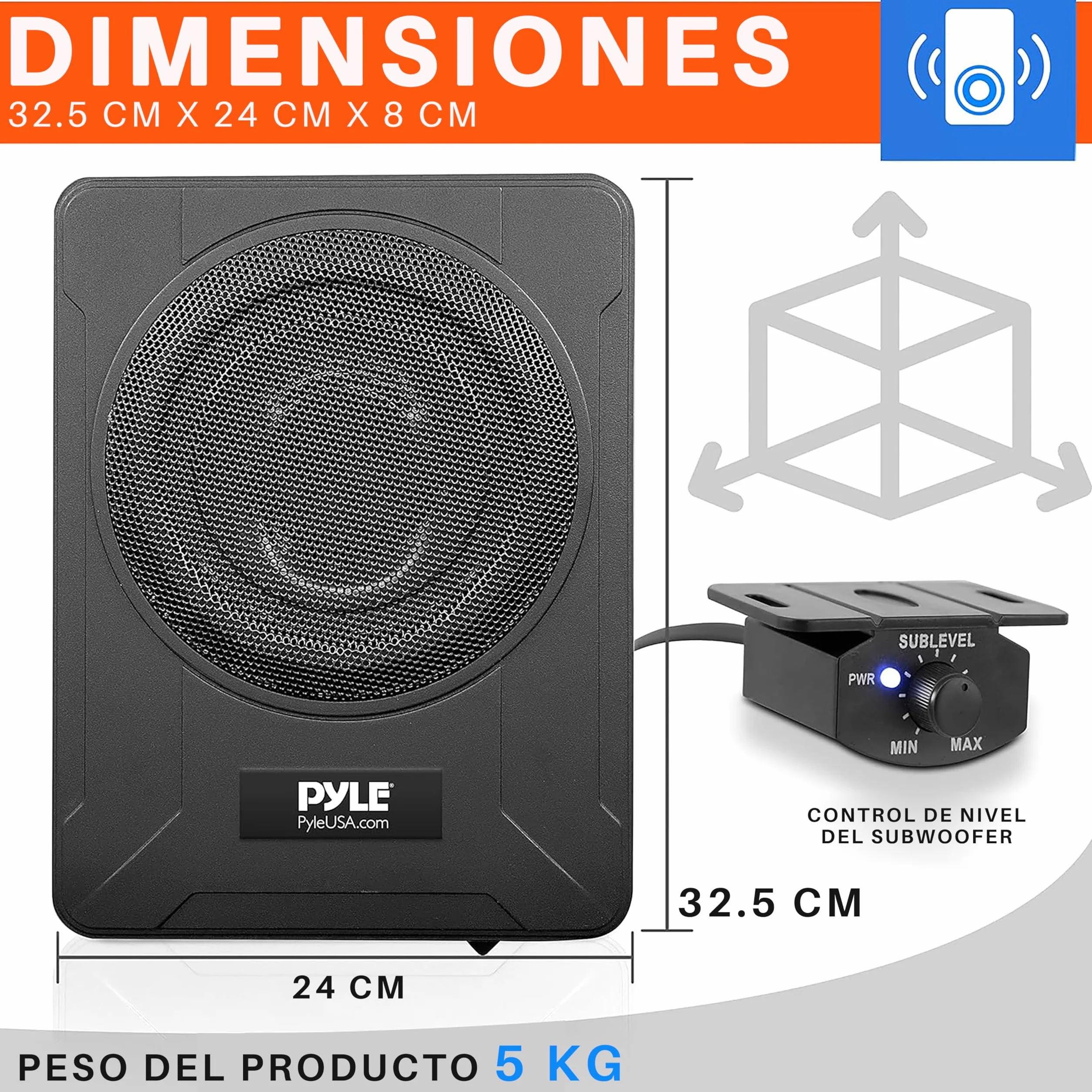 Pyle Sistema de subwoofer Amplificado de Perfil, Audio para Coche, Bajo de 8”, Activo, Cerrado, Compacto, 600V, Amplificador Incorporado
