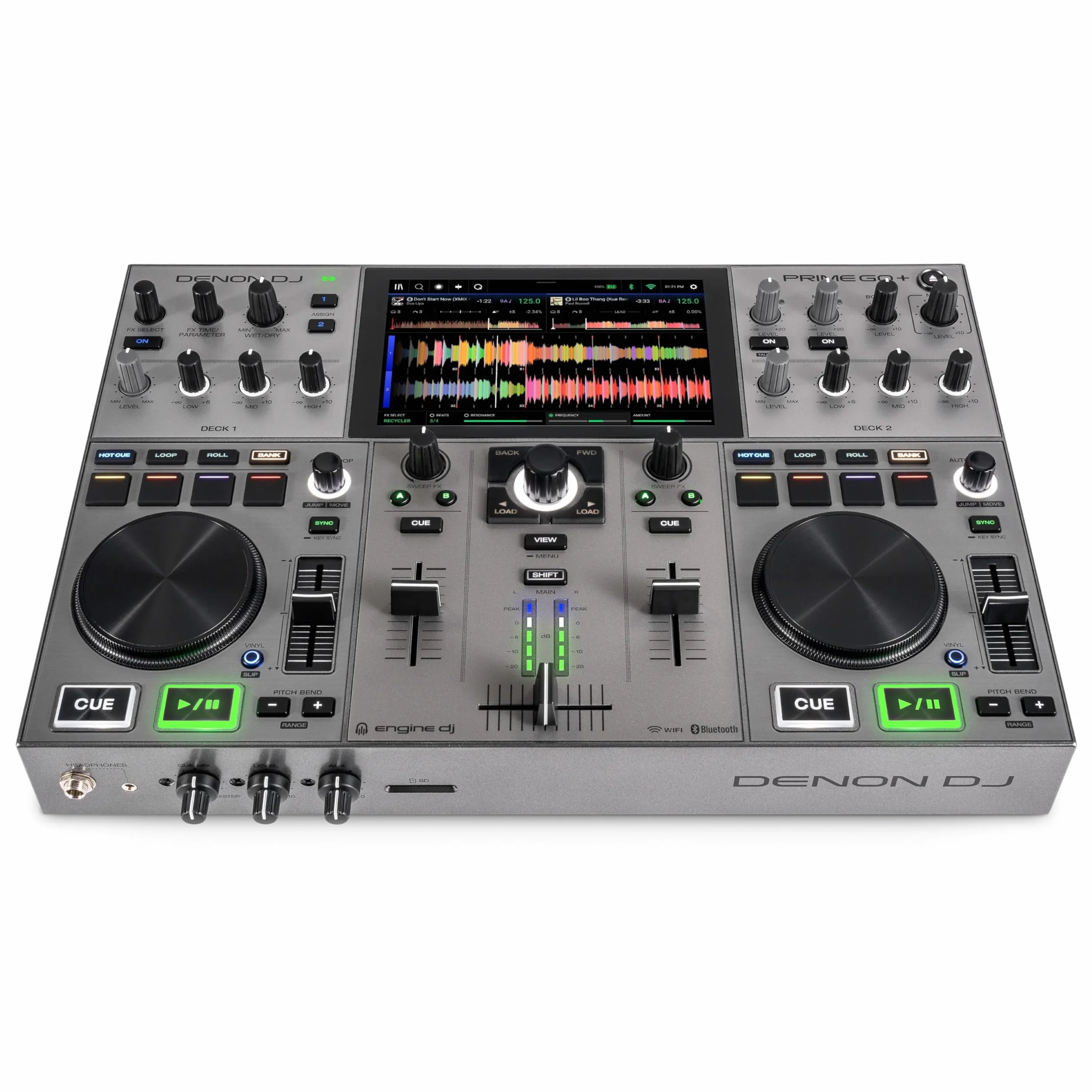 Denon DJ PRIME GO+ Controlador DJ Portátil Autónomo con Bateria Recargable, Pantalla de 7", Mezclador con Separación de Stems, Streaming por Wifi y Bluetooth