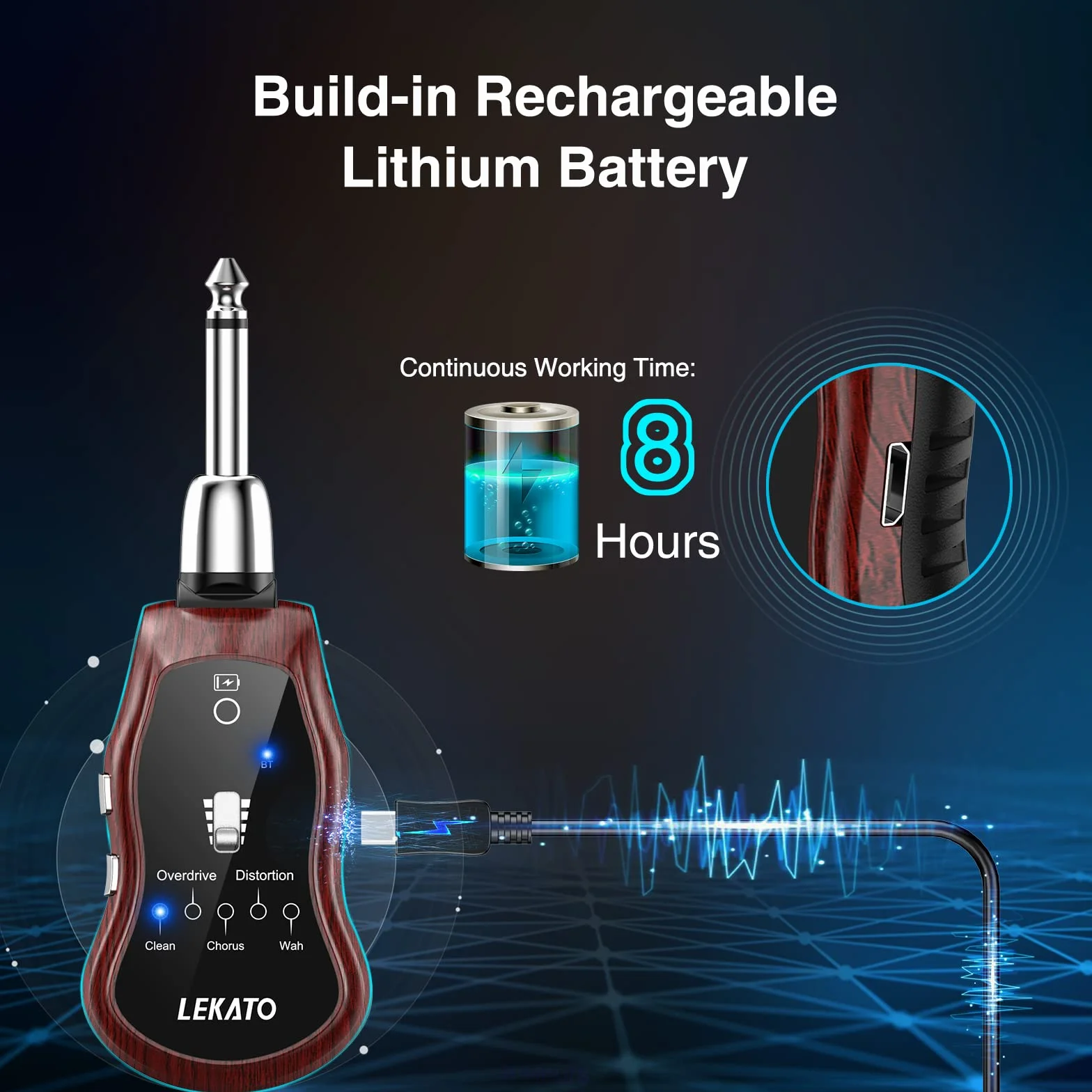 LEKATO Mini Amplificador de Guitarra Recargable de Bolsillo con Receptor Bluetooth, distorsión de sobremarcha y Wah
