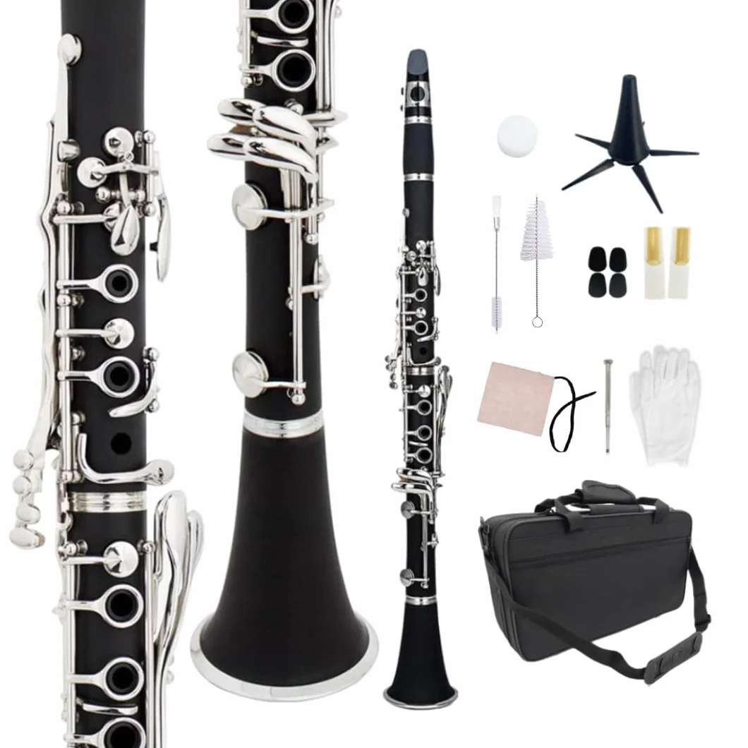 Clave para clarinete para principiantes, para estudiantes y adultos, de madera de ebonita, chapado en níquel, con 2 barriles, cañas y accesorios (llave BB-clarinete)