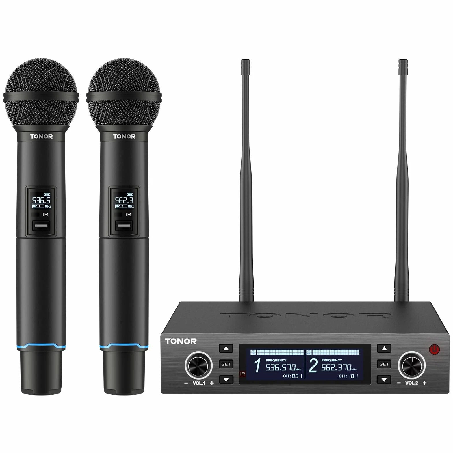 TONOR Micrófono Inalámbrico Profesional, Recargable Wireless Microphone Dinámico de Mano, Sistema de 2×100 Frecuencias UHF Ajustable para Karaoke/Fiestas/DJ/Iglesias, Escaneo Automático, 100M, TW750