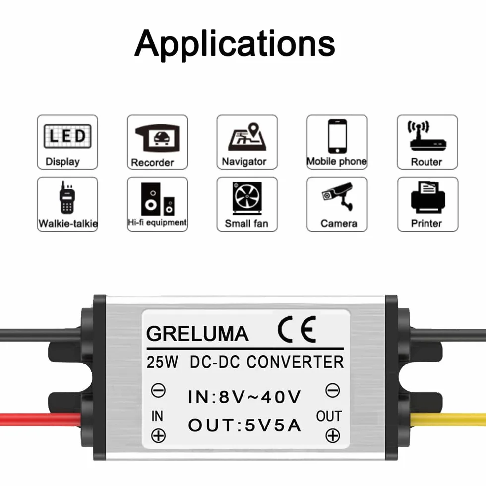 Greluma 1PC DC 12V 24V a 5V Regulador Convertidor Reductor 5A 25W Adaptador de Corriente Reductor para Electrónica de Automóvil Camión Vehículo Barco Sistema Solar (Entradas DC 8-40 V)