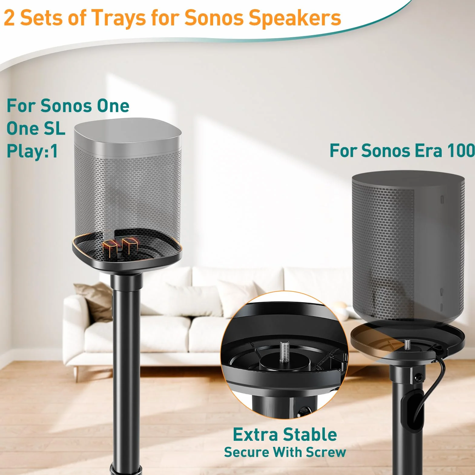 ELIVED Soporte de Altavoz para Era 100, Sonos One, One SL Play: 1, Altura Ajustable de 86,8 a 110,3 cm, Soporte de Altavoz, 1 par, EV5024