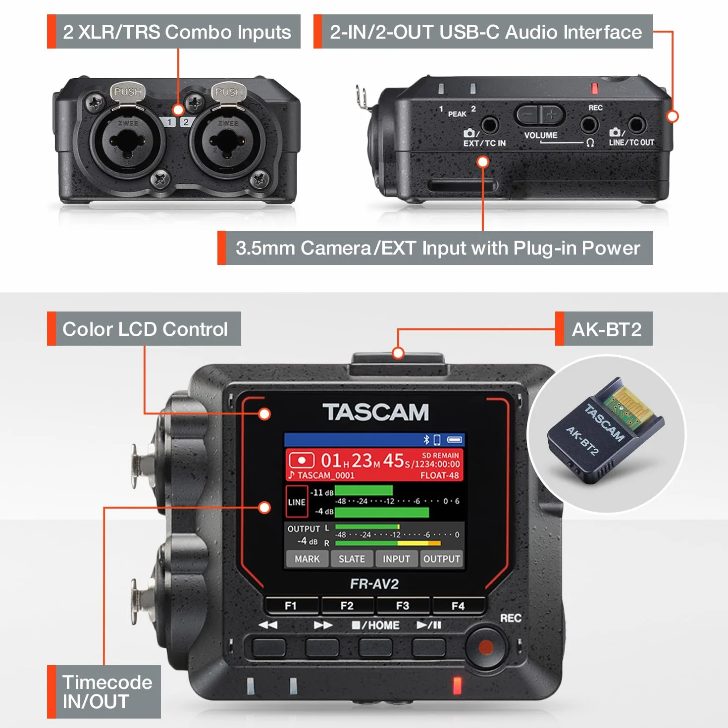 TASCAM FR-AV2 – Grabador de campo compacto de 32 bits Float y generador de código de tiempo con mezclador