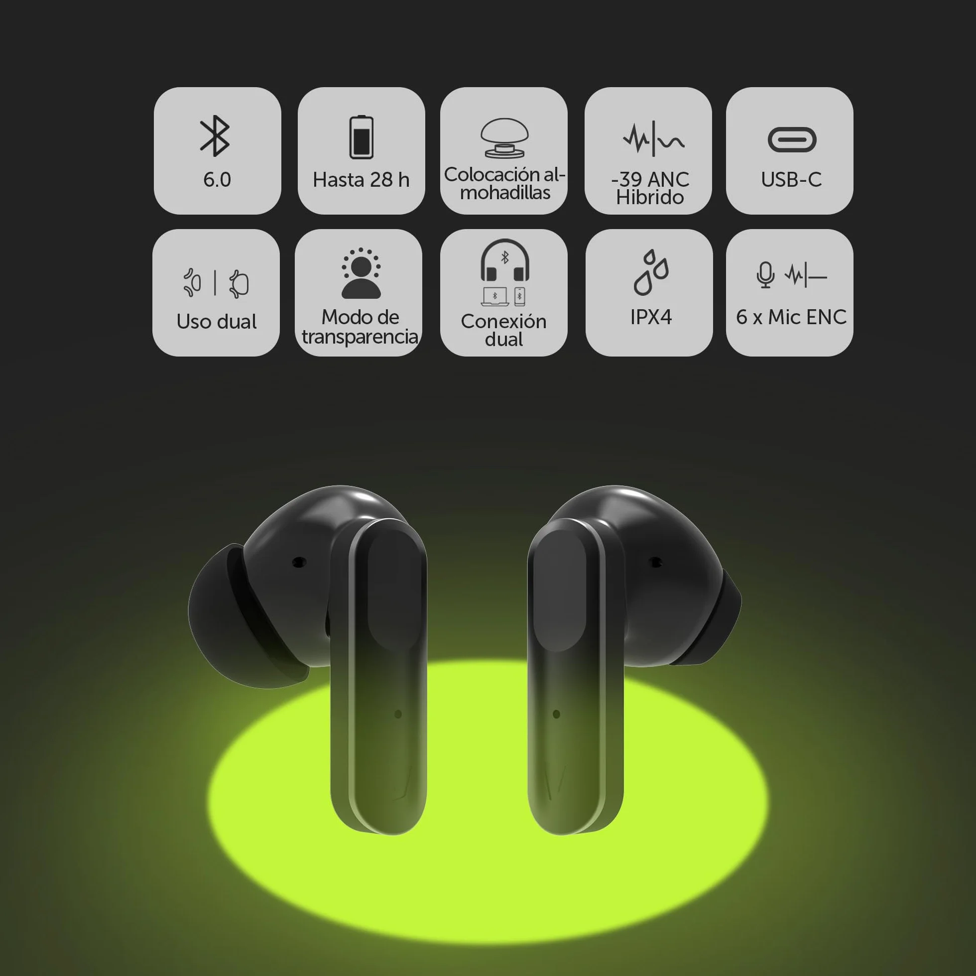 Vieta Pro Auriculares True Wireless Cancelación Activa Ruido 16dB Dual Pairing 6 Mic ENC Autonomía 28h App Double 2 Negro