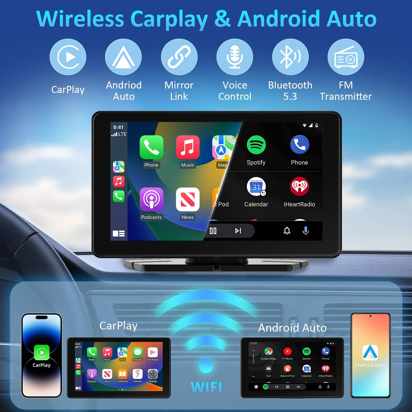 Pantalla Coche con Carplay y Android Auto Inalámbrico, 7 Pulgadas Táctil Pantalla Carplay Coche, Portátil Radio con Bluetooth 5.3, Navegación GPS, Enlace Espejo, Airplay, Control de Voz, FM, AUX