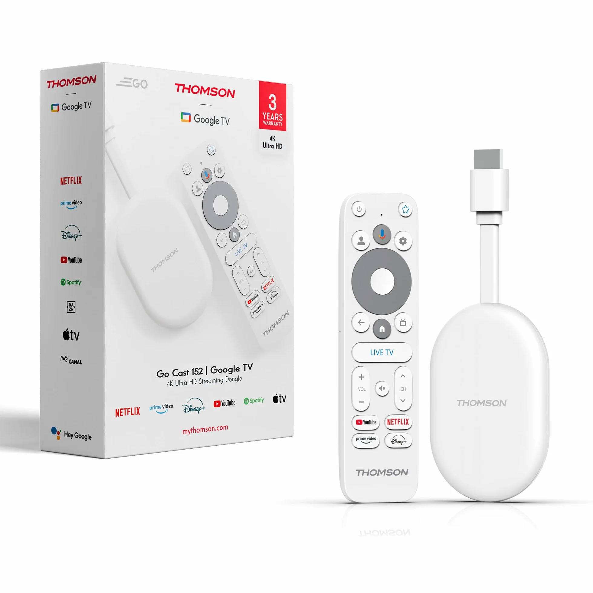 Thomson Go Cast 152 Dongle de Streaming, 4K UHD Google TV, Control por Voz, Google Cast, Dolby Atmos, Dolby Digital+, HDR10, Portátil, 2 GB RAM, 32 GB Memoria – Blanco