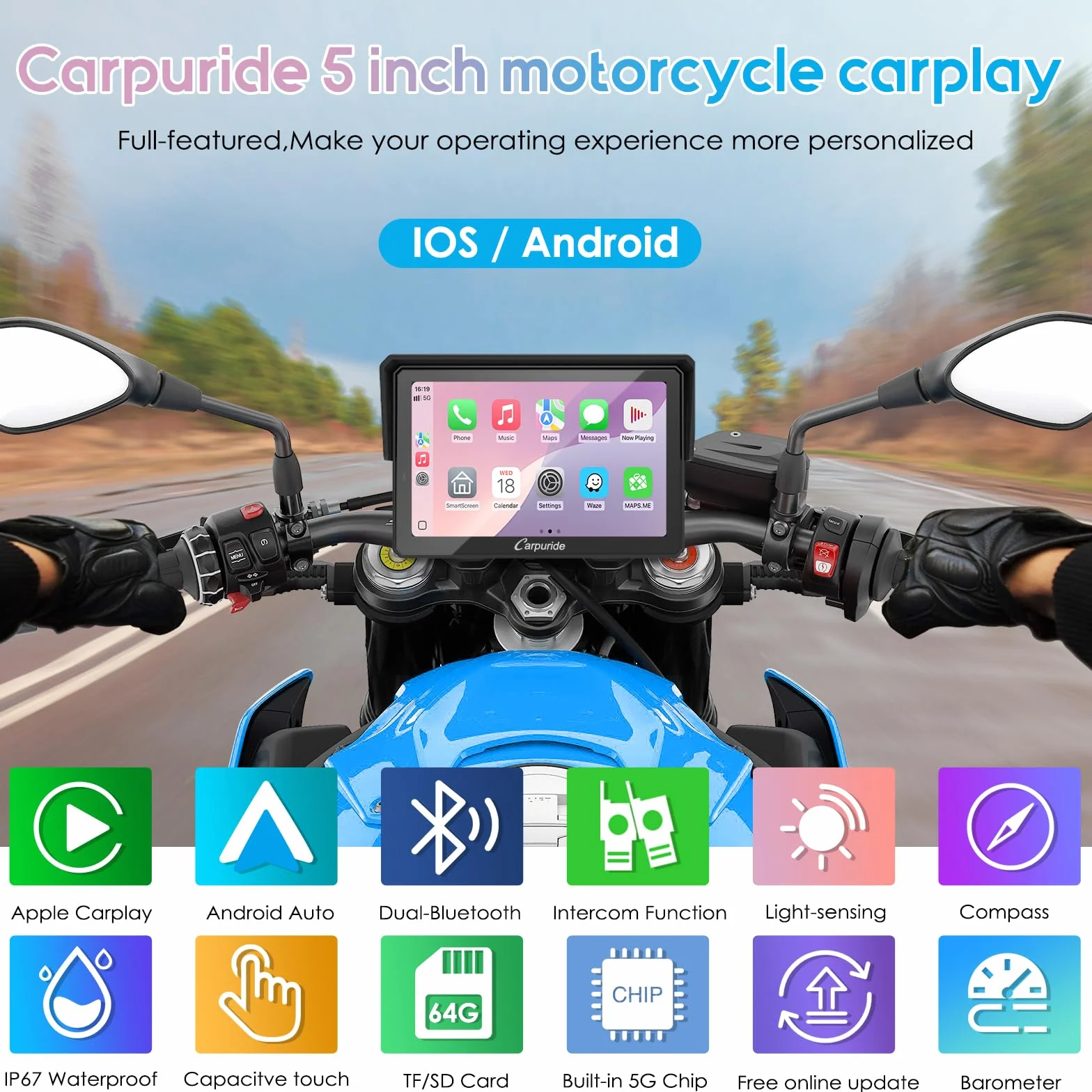Carpuride W502PRO Motocicleta CarPlay Android Auto Bluetooth GPS 5 Pulgadas Impermeable