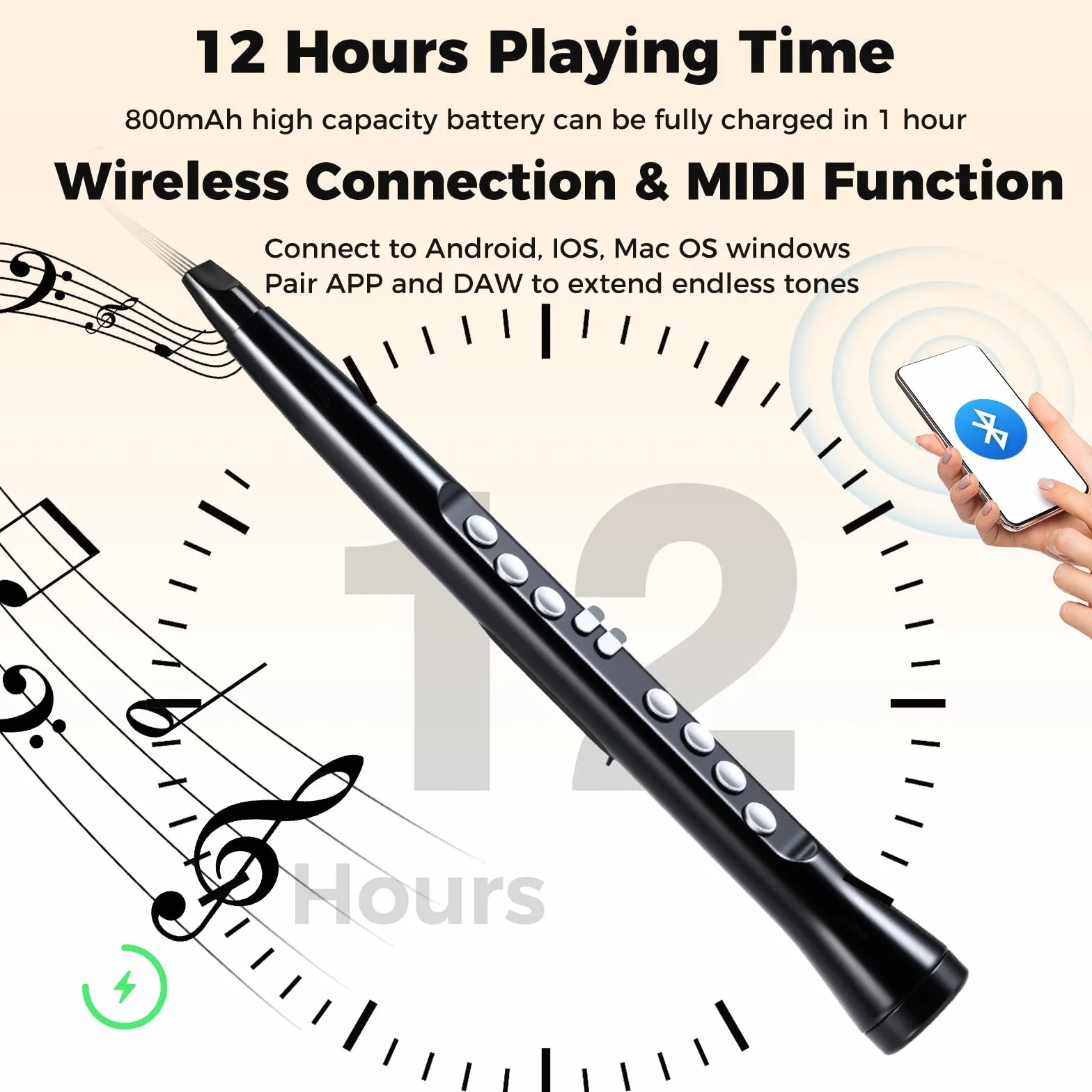 KOMFOTEU Juego de Instrumento de Viento Digital Portátil, Saxofón Electrónico con 100 Sonidos, MIDI Inalámbrico, Altavoz HIFI, Rango de 4 Octavas y 2 Digitaciones, Instrumento Recargable