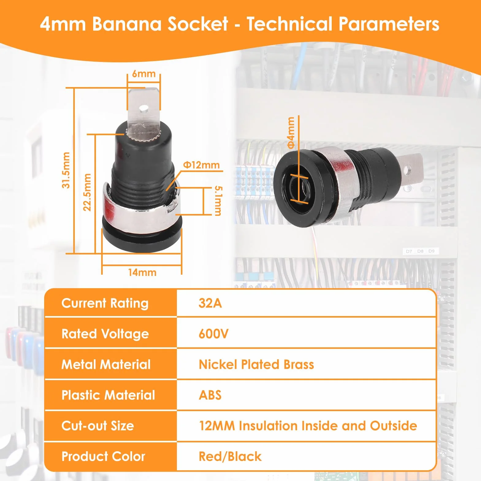 Conector Tipo Banana 4 mm, Terminales de Retorno Seguro, Rojo y Negro, Cobre Puro, Agujero de Montaje 12 mm, Tierra Desmontable